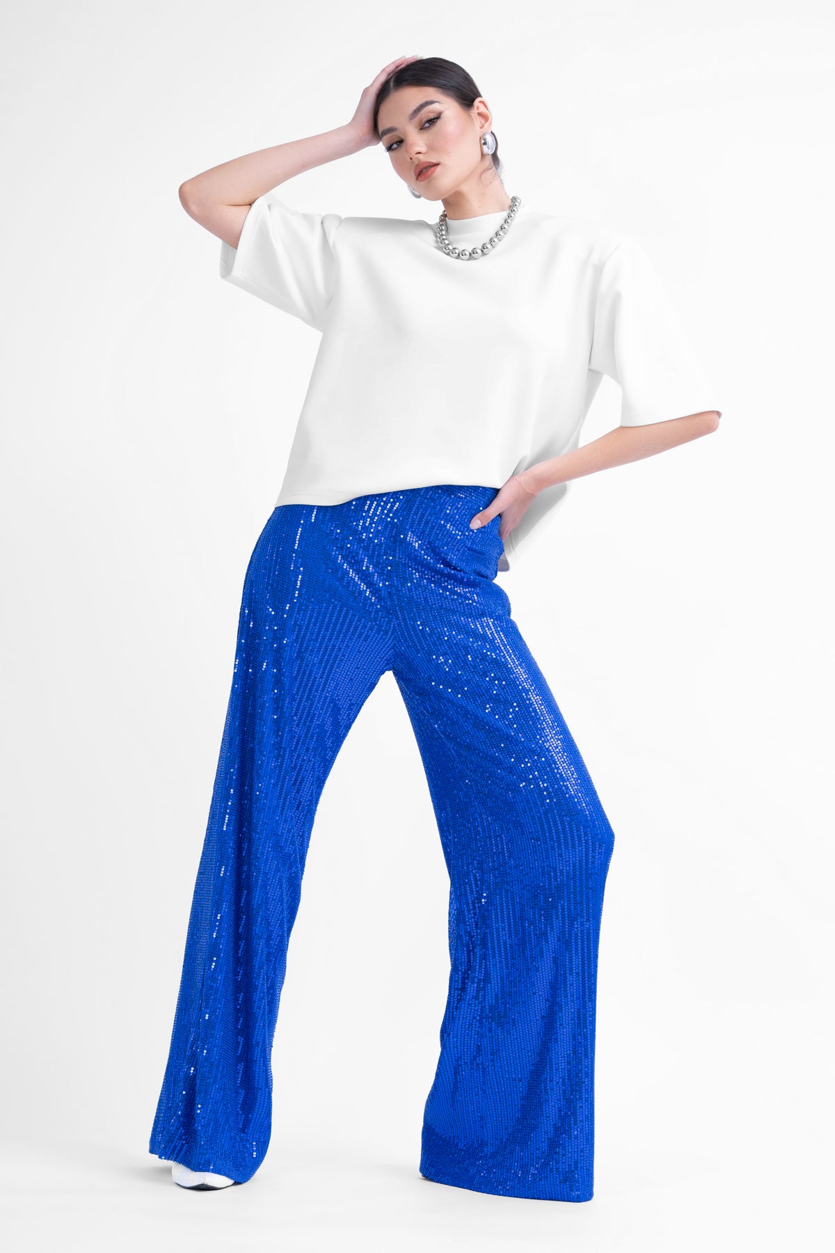 Pantaloni wide leg cu talie inalta din paiete albastru electric