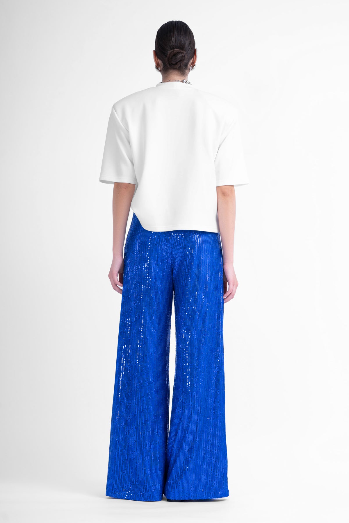 Electric blue sequin embellished high-waist trousers