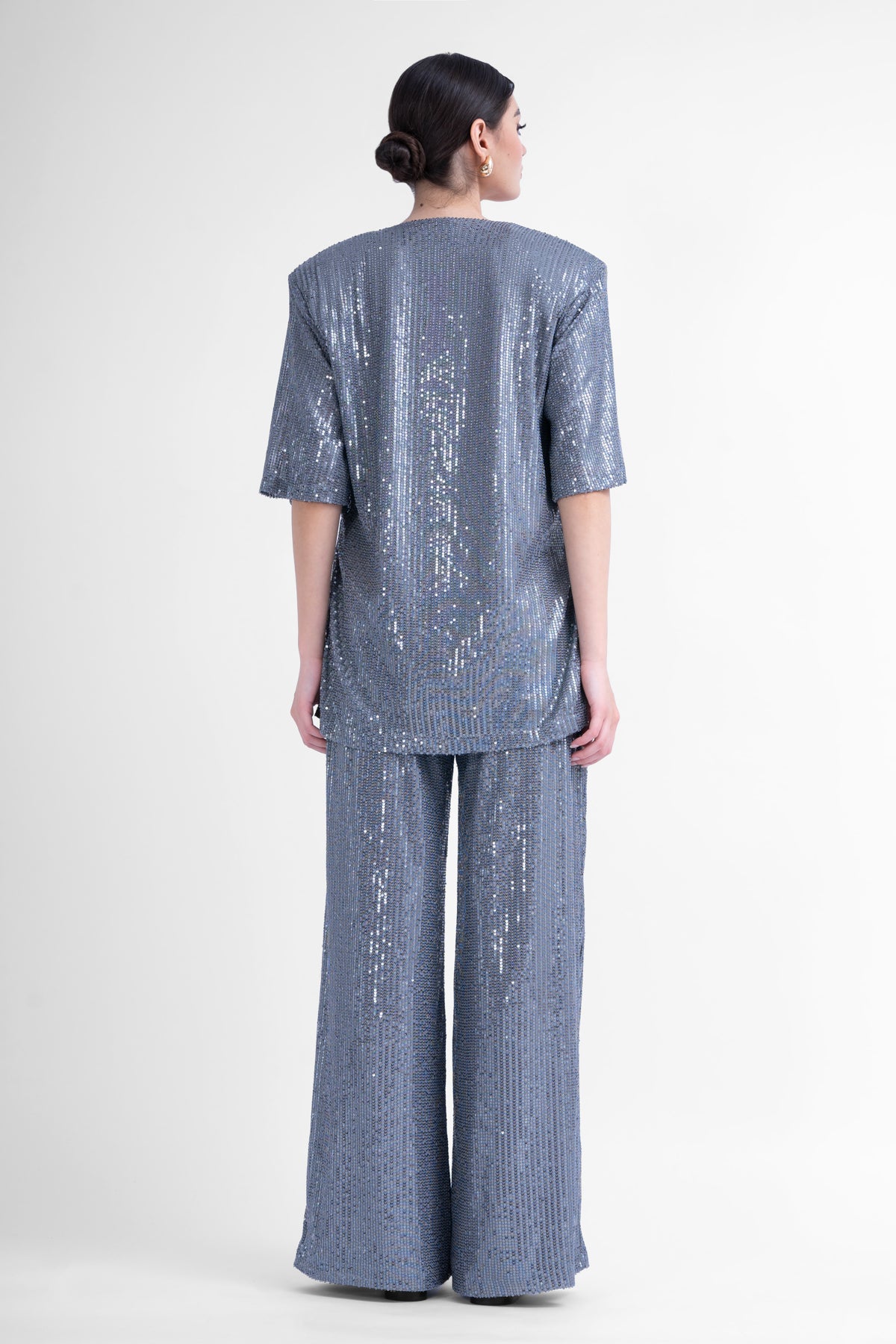 Grey sequin matching set with blouse and wide leg trousers