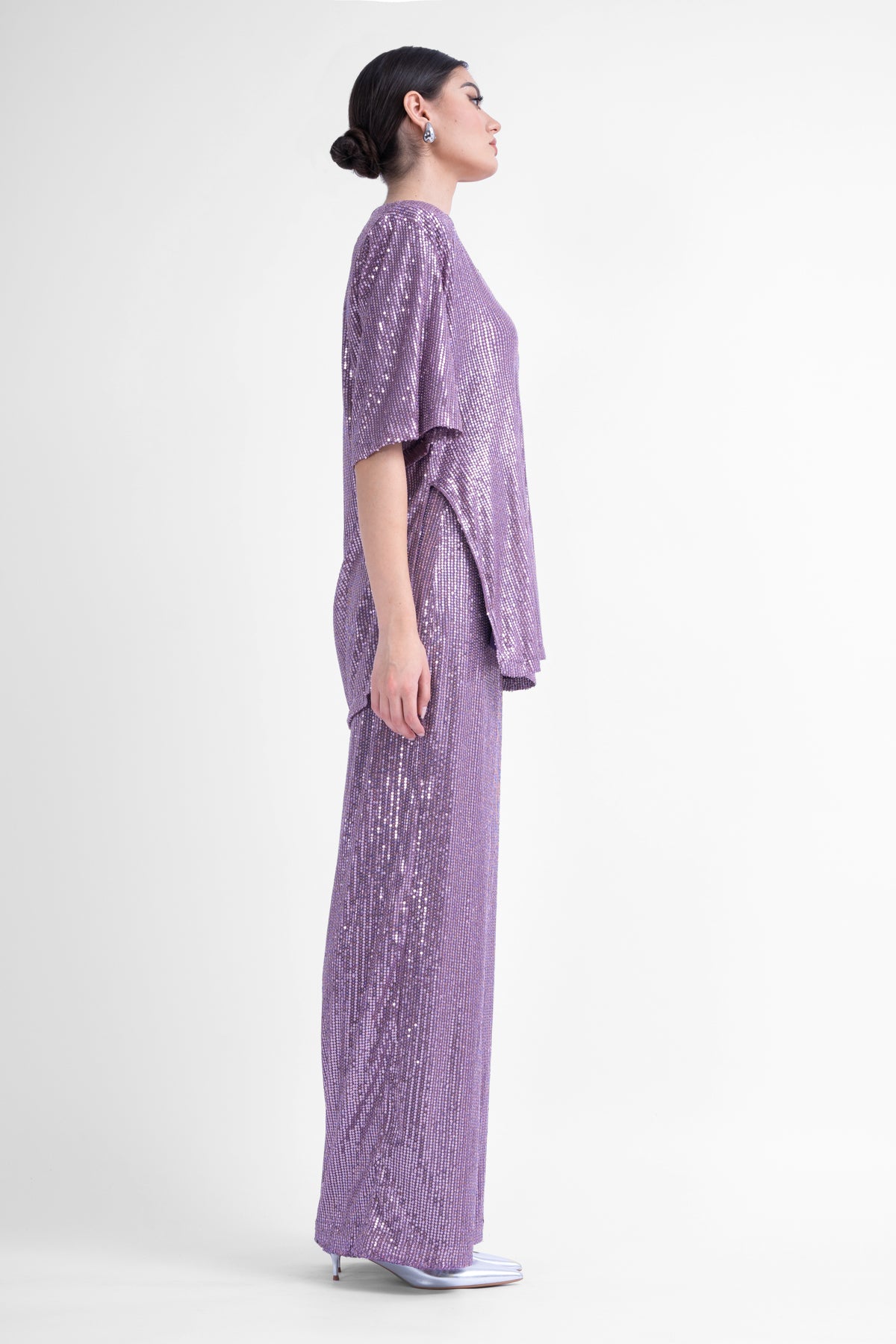 Lilac sequin matching set with blouse and wide leg trousers