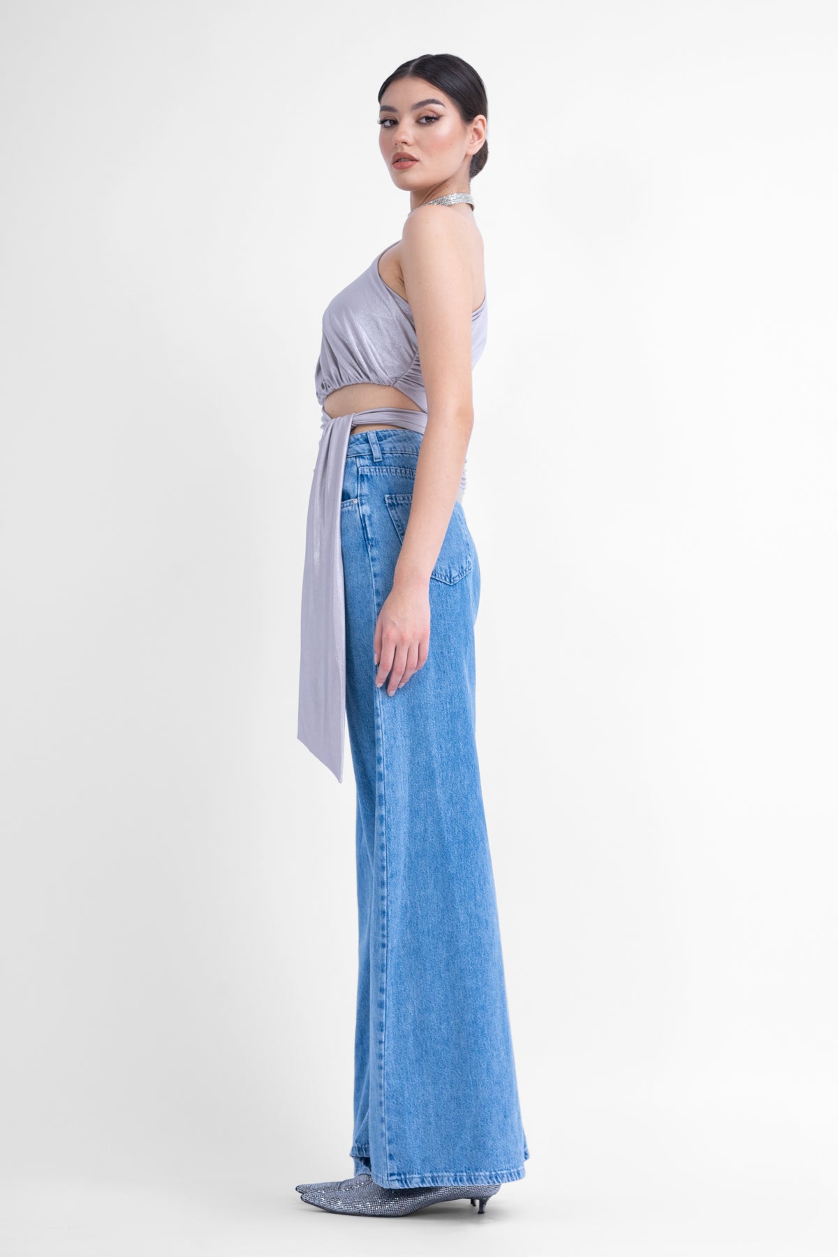 Silver asymmetrical top with scarf