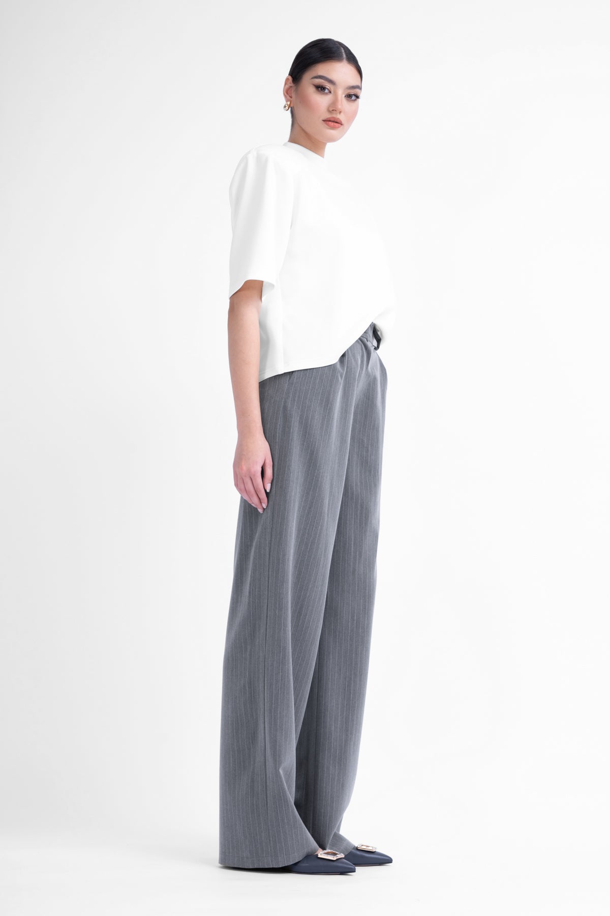 Grey striped wide leg trousers