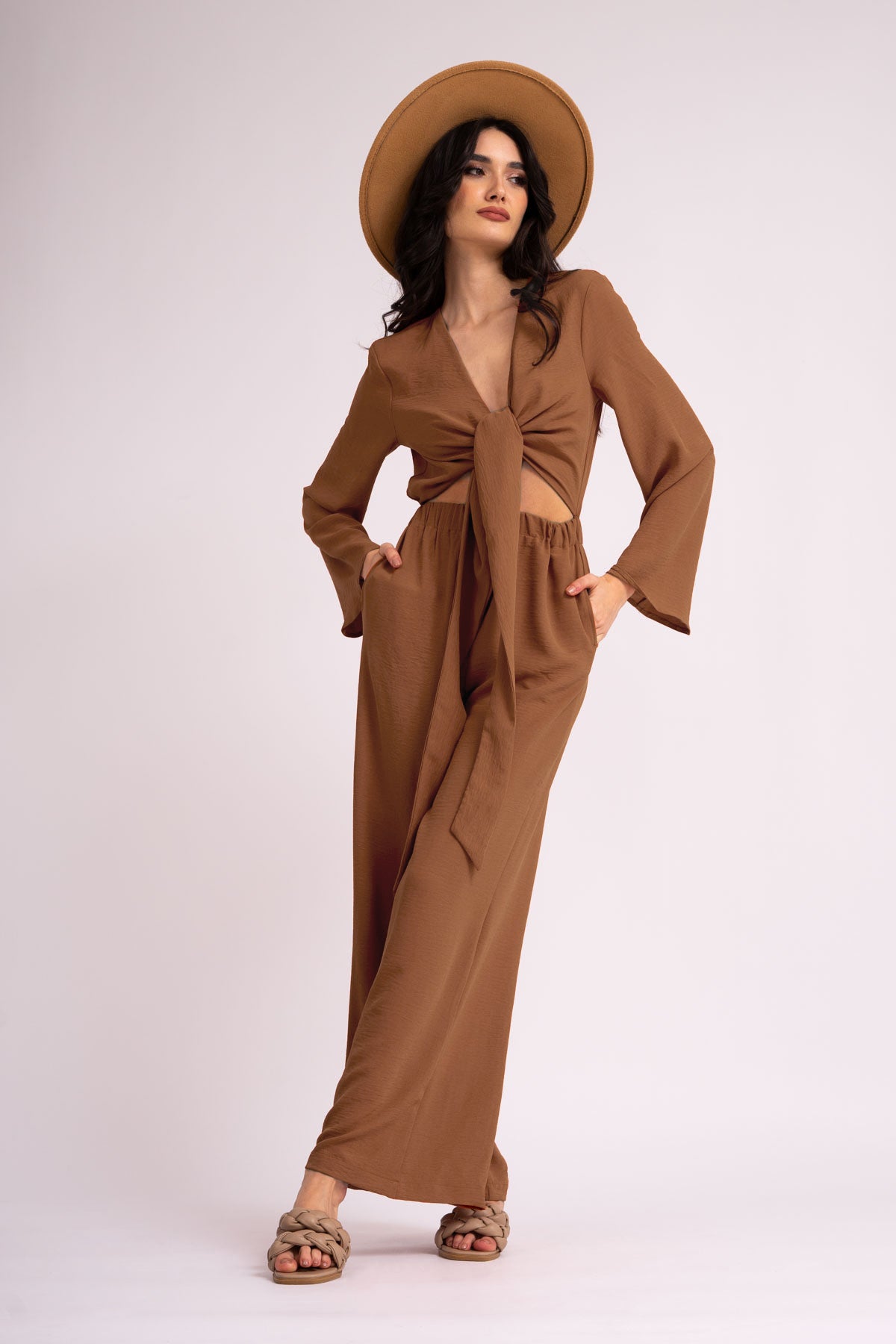 Brick red jumpsuit with knot