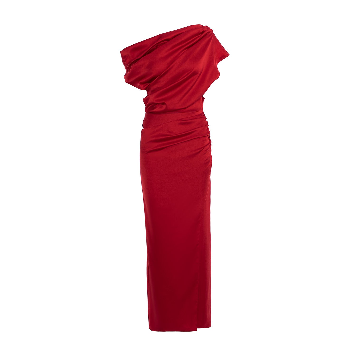 Red Off-Shoulder Draped Maxi Dress with Asymmetrical Design