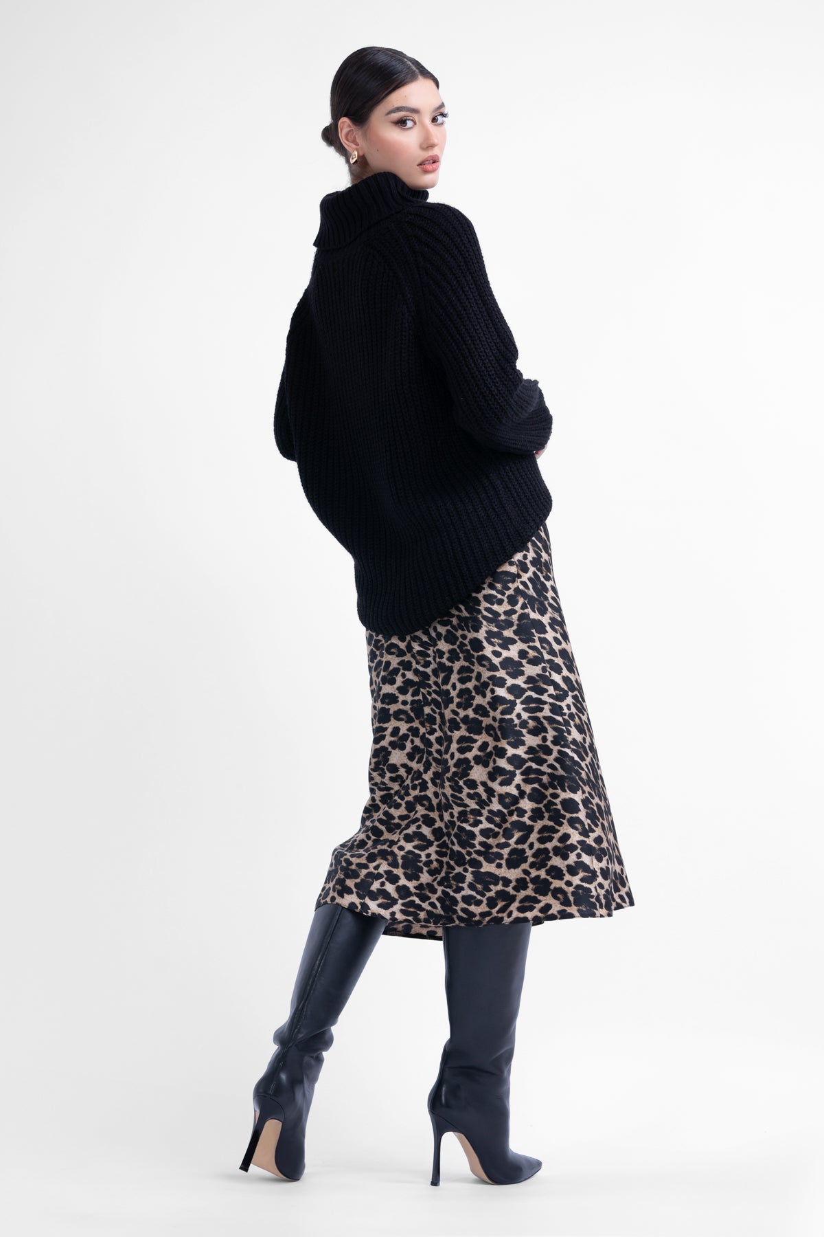 Fusta midi din satin animal print