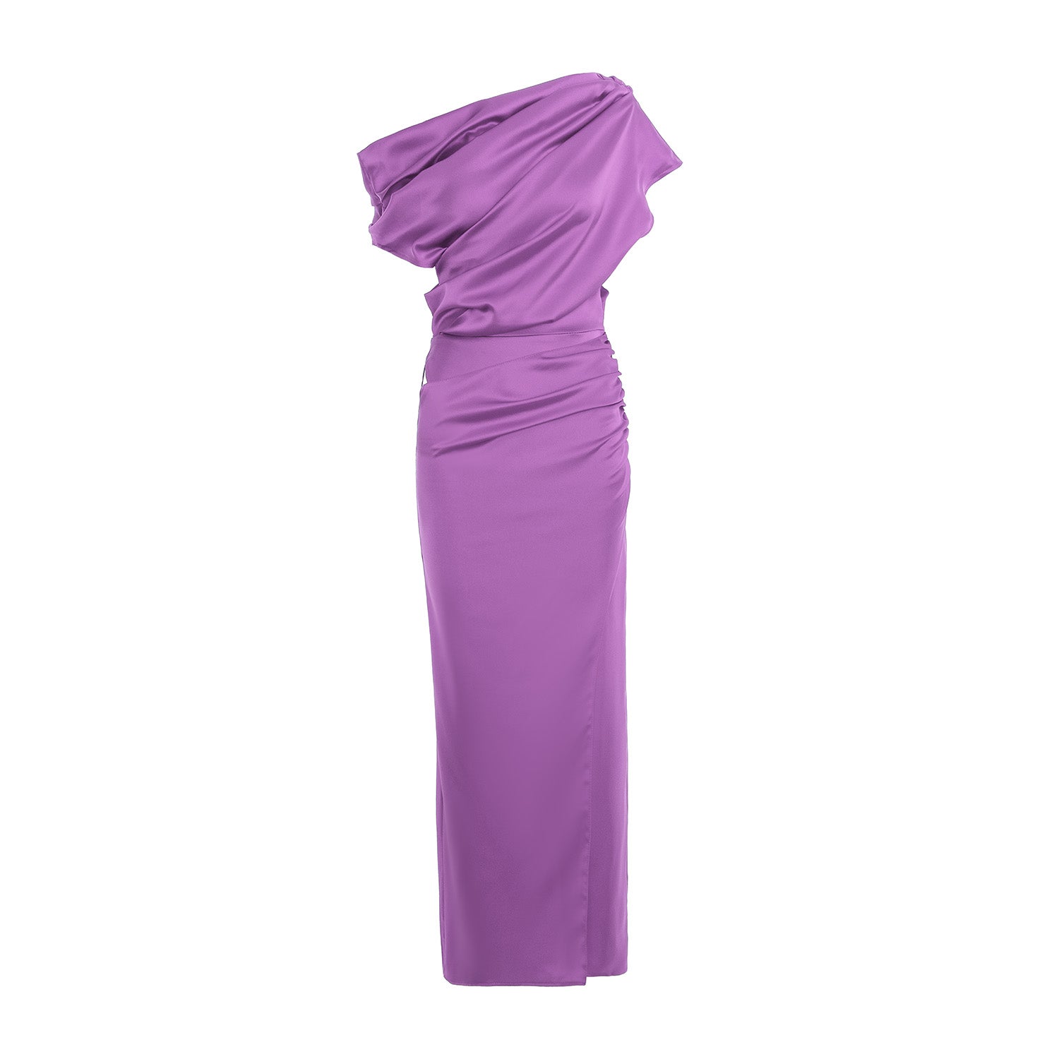 Lila Off-Shoulder Draped Maxi Dress with Asymmetrical Design