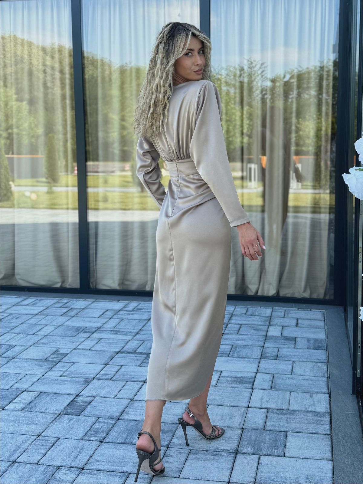 Taupe Long Sleeve Wrap Dress with Side Draping