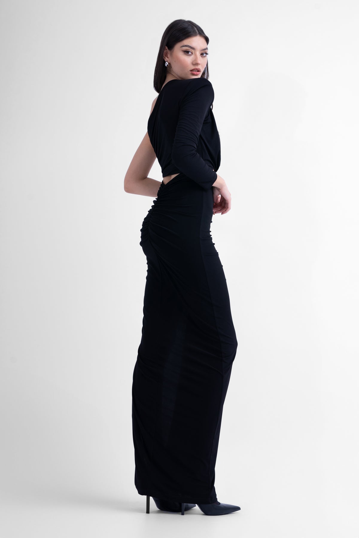 Black maxi asymmetrical dress with cut-outs