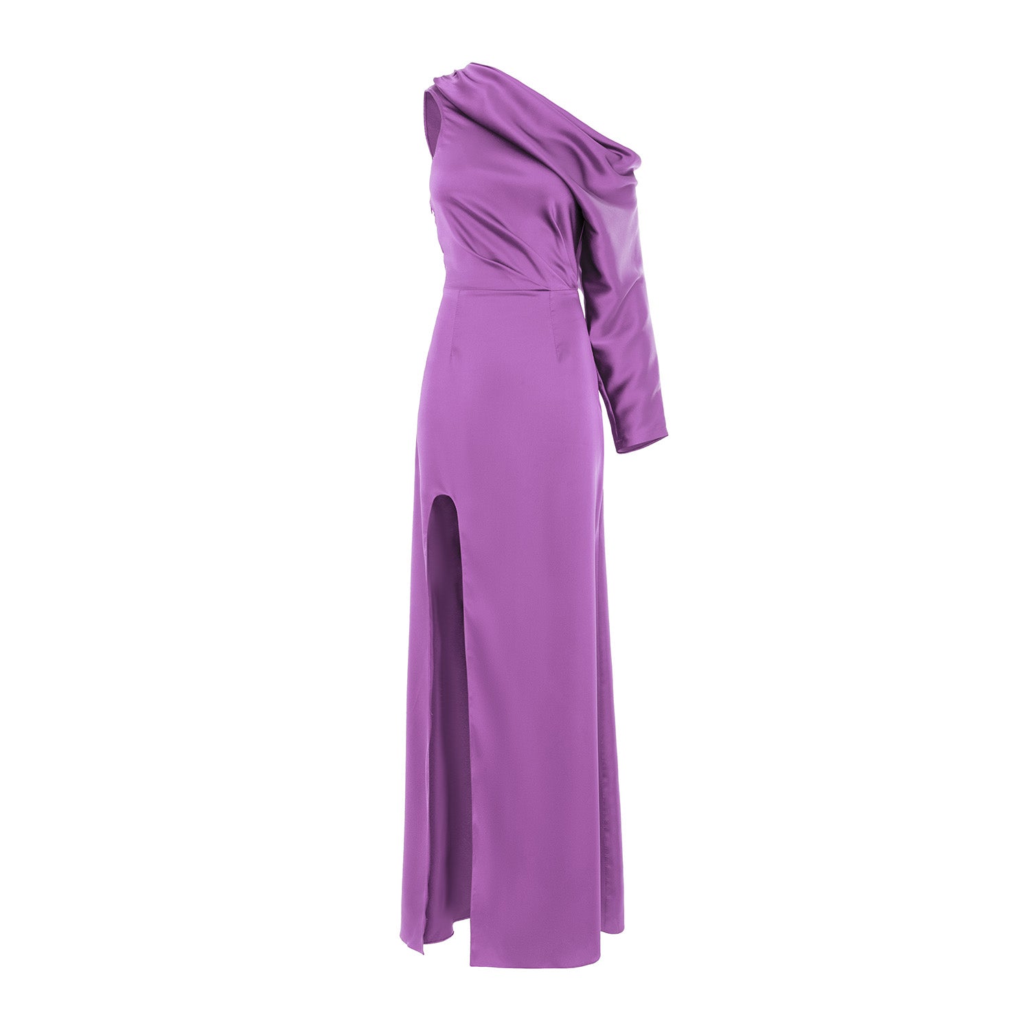 Lilac Allure Midi Dress with Asymmetric Neckline and Side Slit
