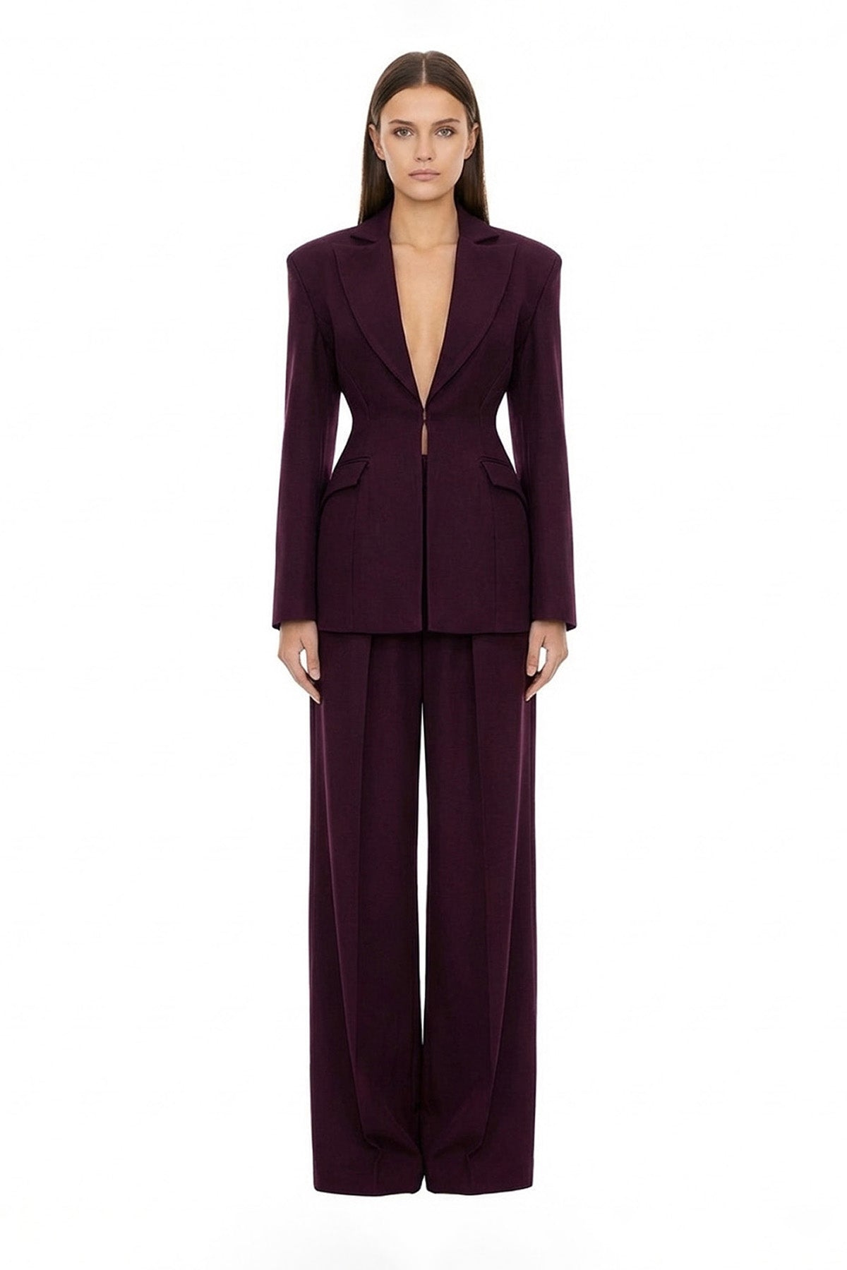 Plum-purple Suit with Balloon Blazer and wide leg trousers