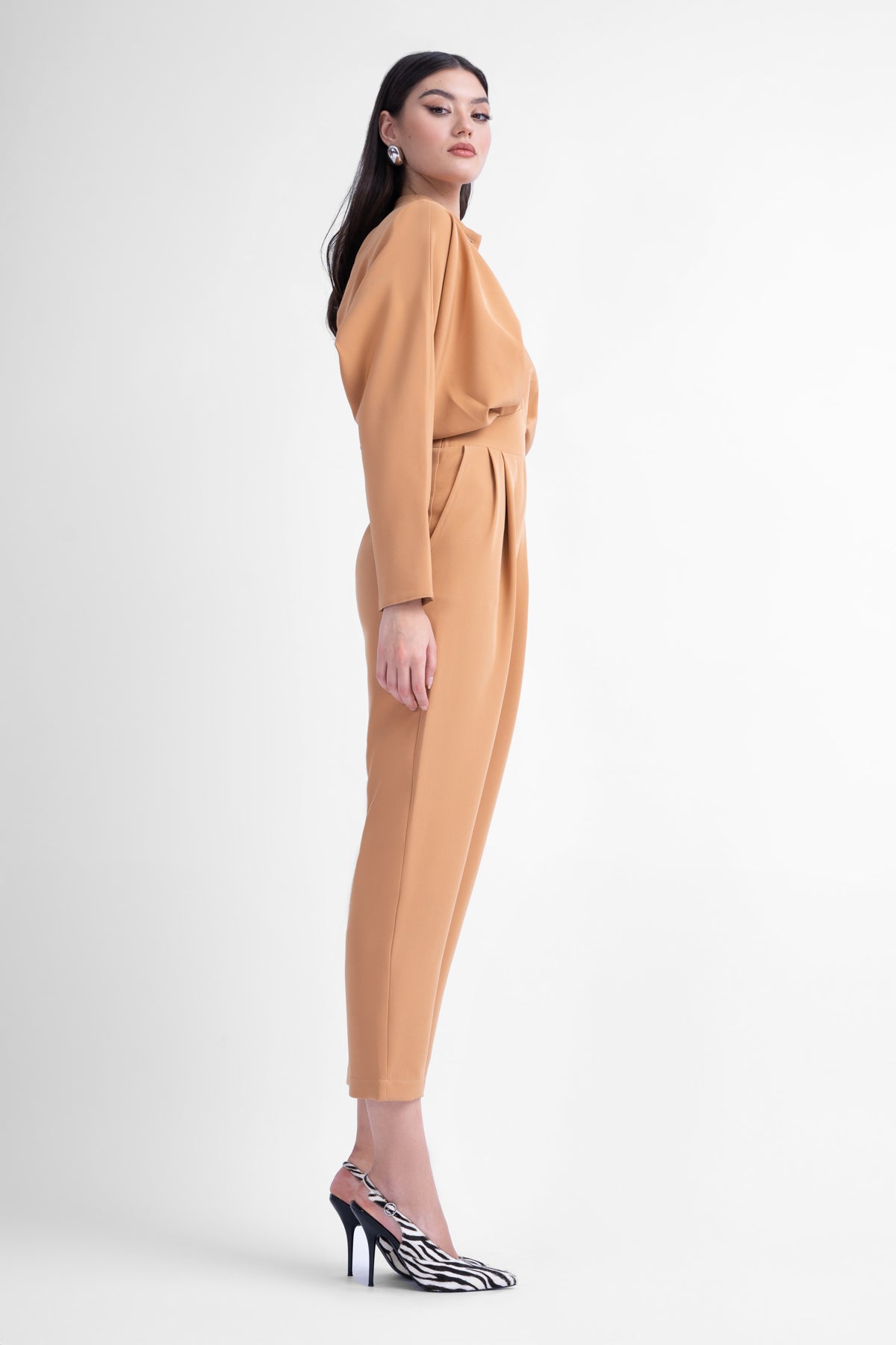 Salopeta maxi camel cu nasturi si corset