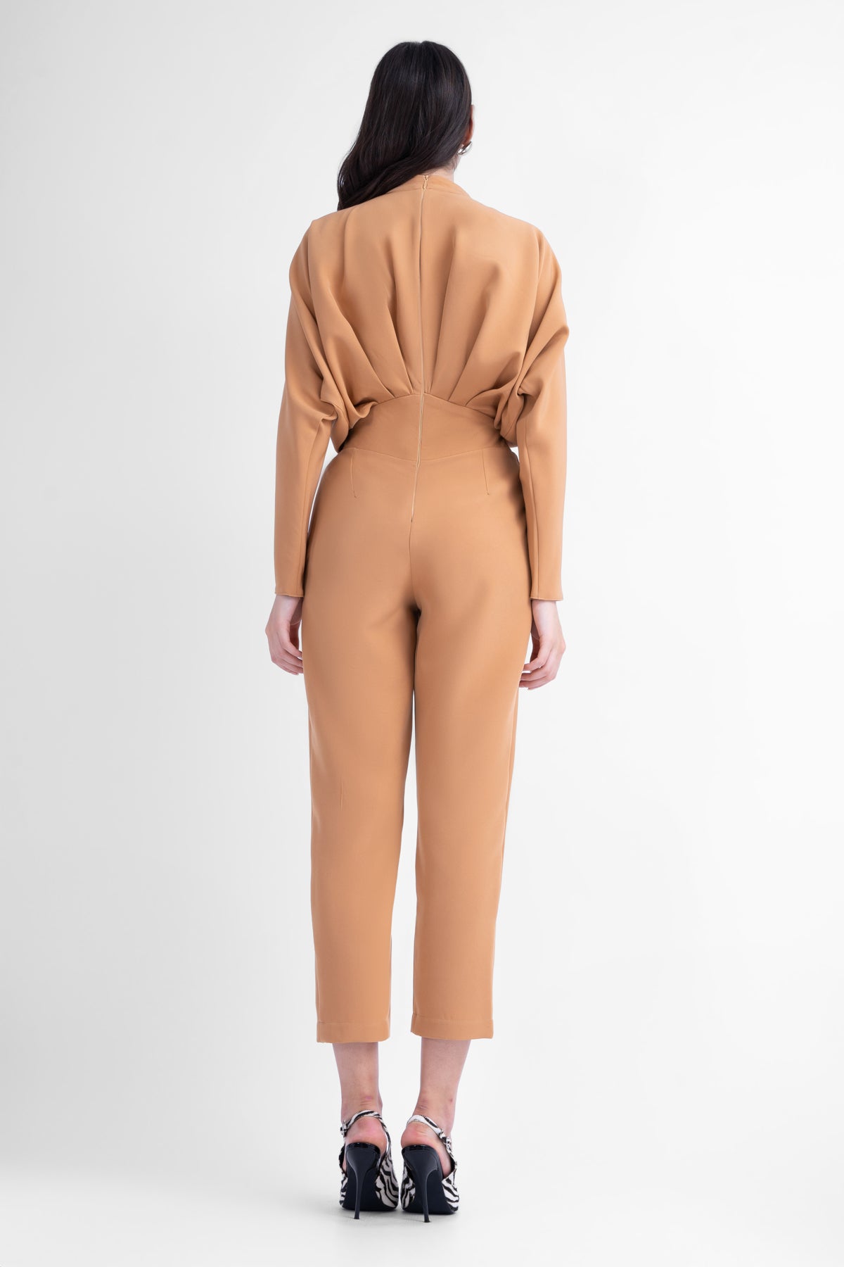 Camel maxi jumpsuit with button and corset