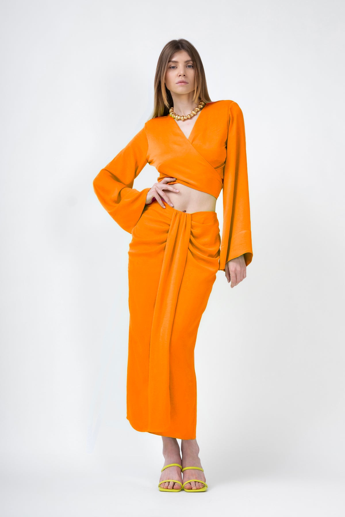 Orange Set With Top And Midi Skirt