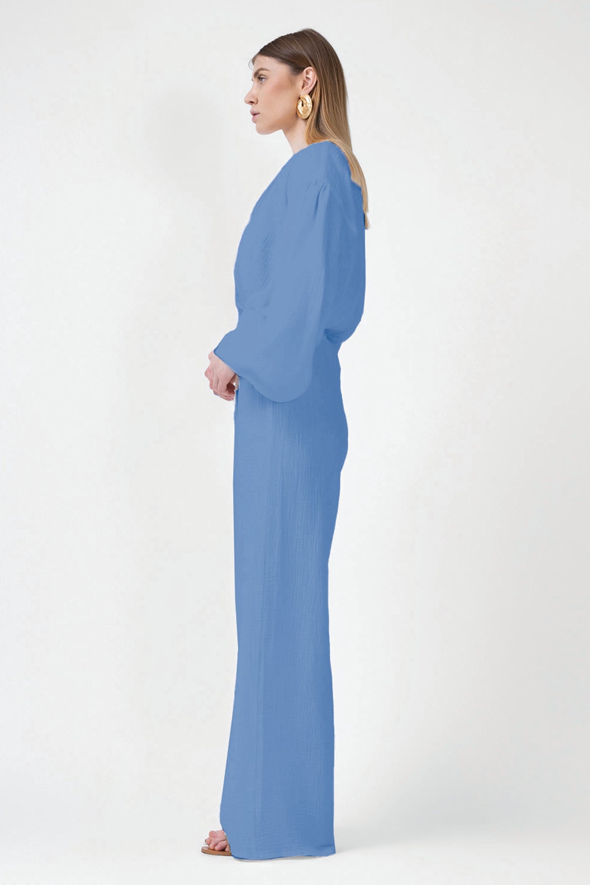 Set bleu cu bluza cu funde si pantaloni lungi