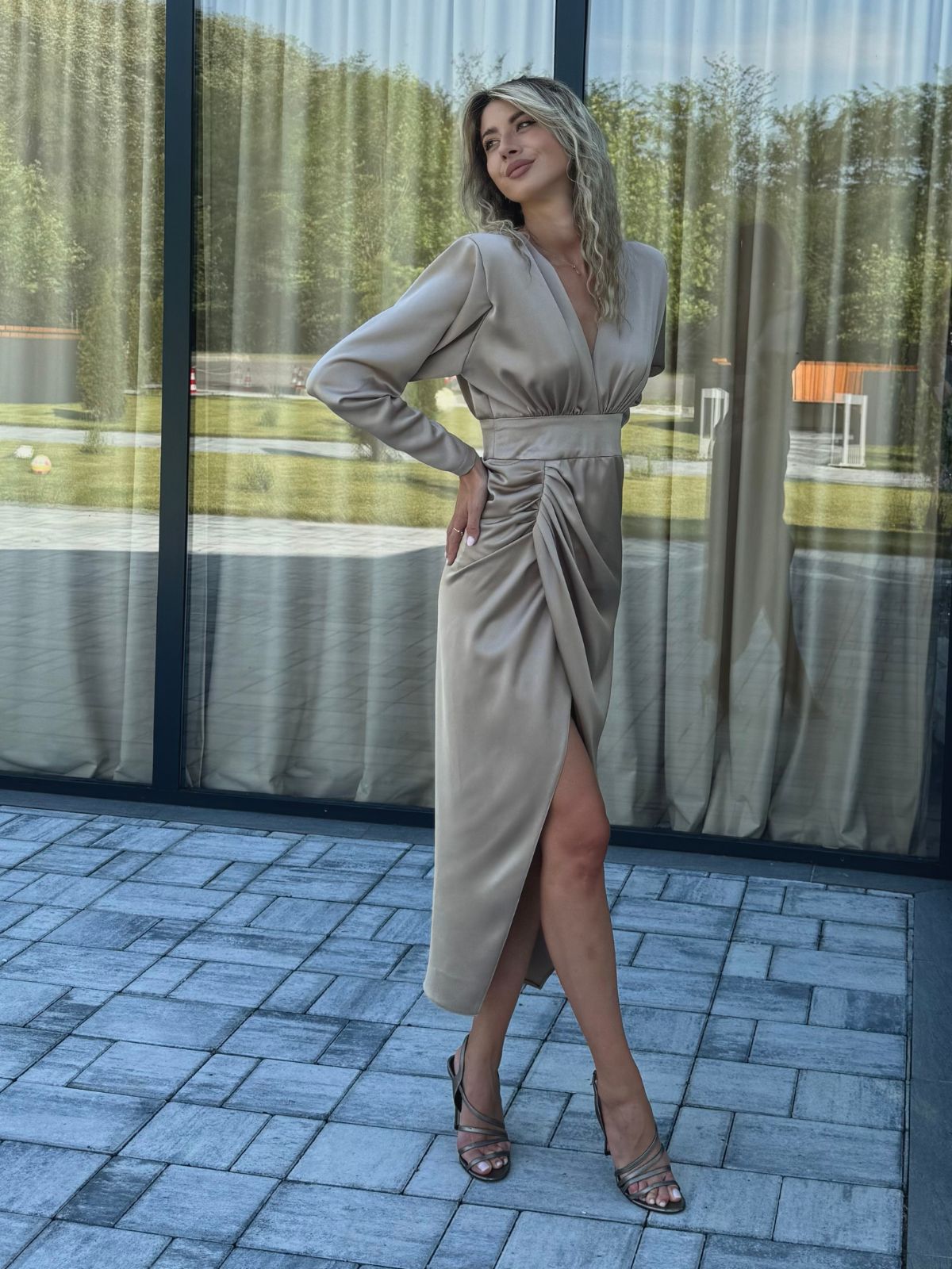 Taupe Long Sleeve Wrap Dress with Side Draping