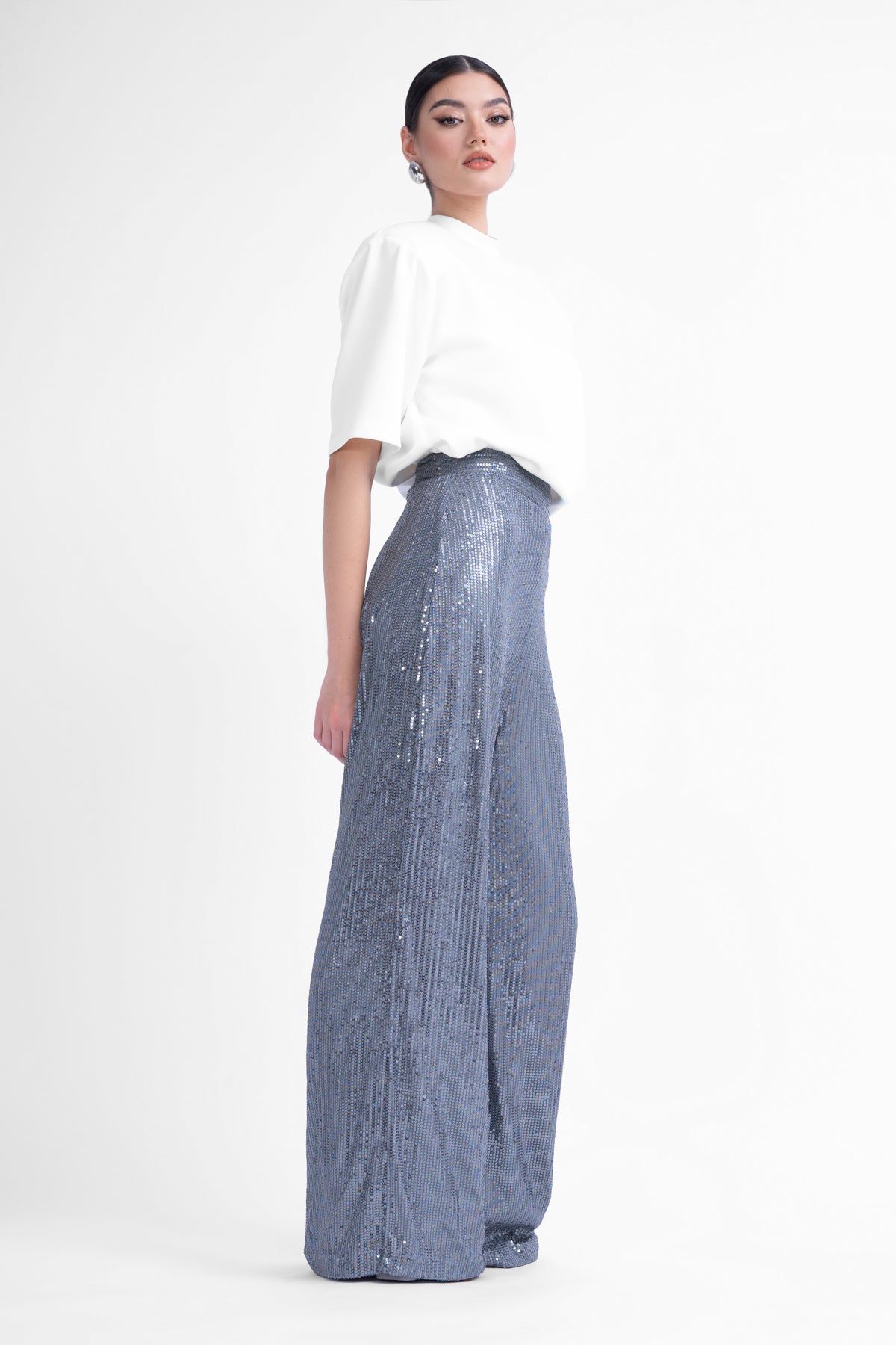 Pantaloni gri wide leg cu talie inalta din paiete