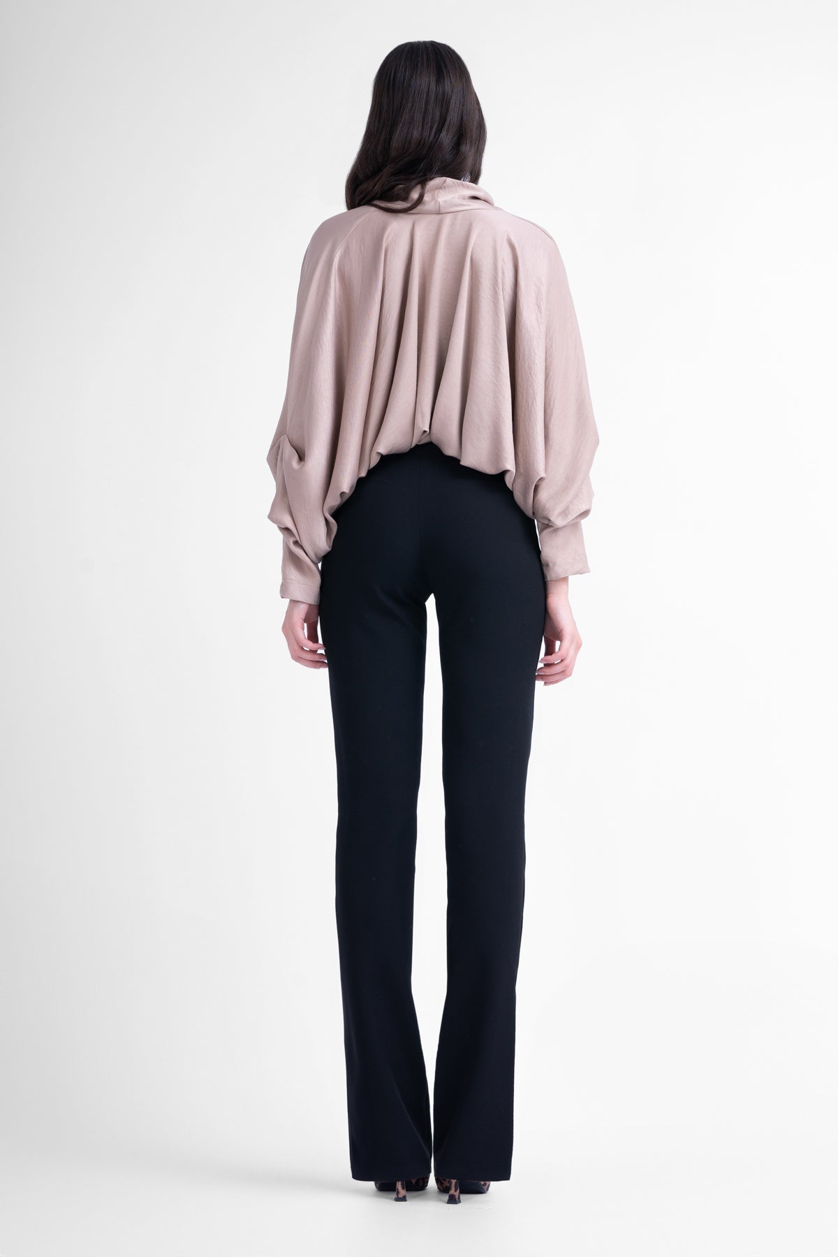 Beige blouse with draped sleeves and V-neck