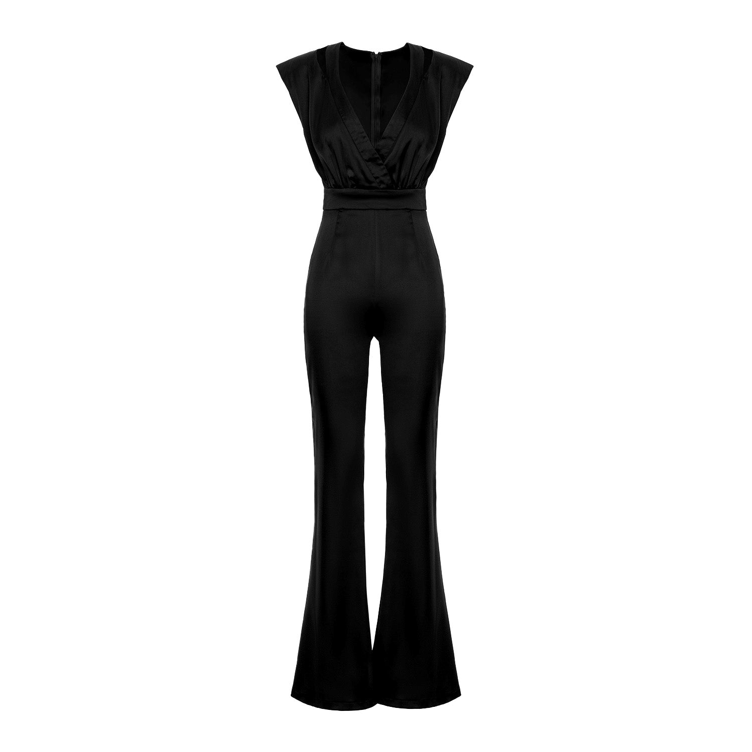 Salopetă neagră cu mâneci scurte, înfășurată în față și croială largă