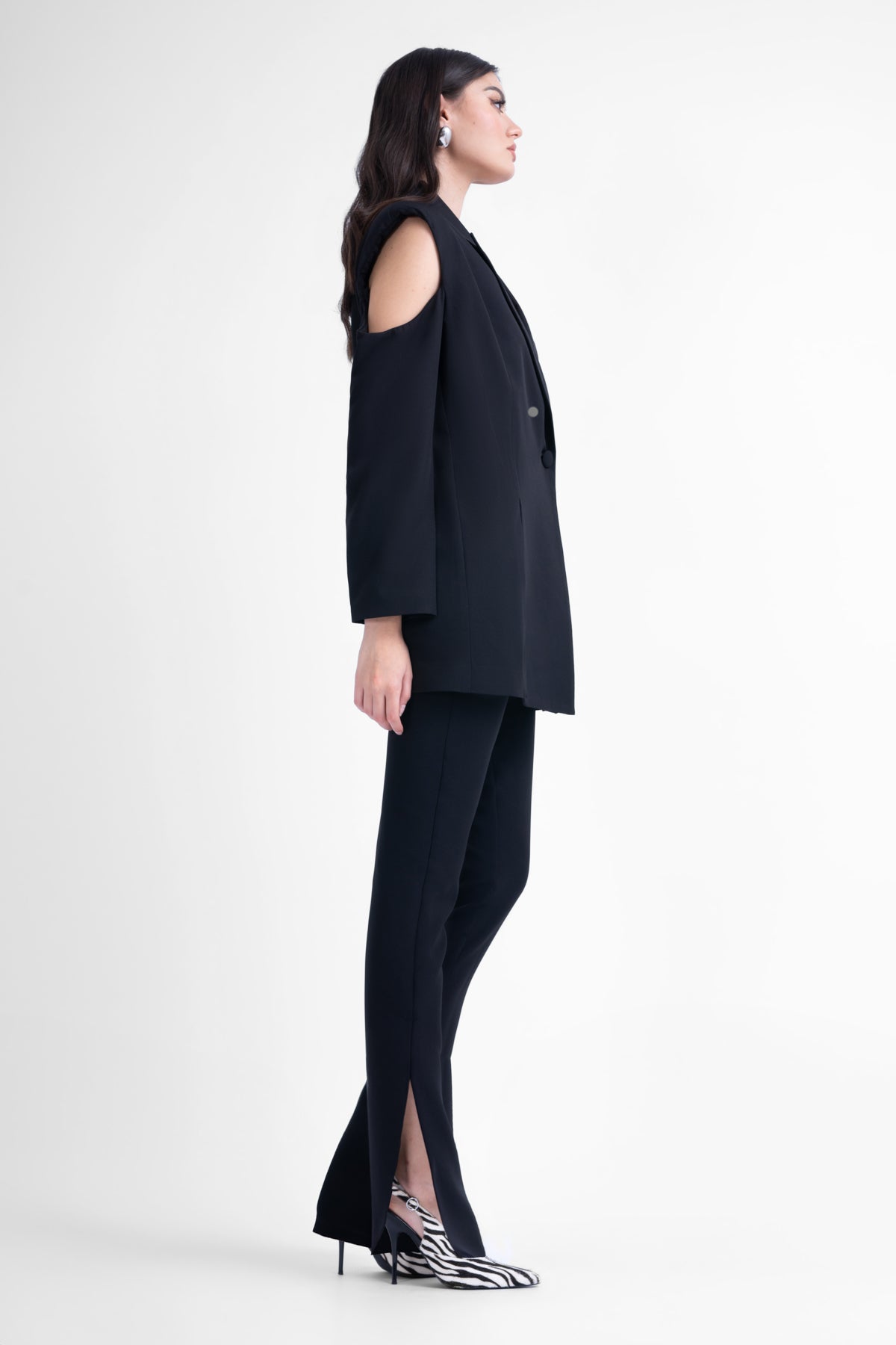 Black suit with cut-outs blazer and slim fit trousers