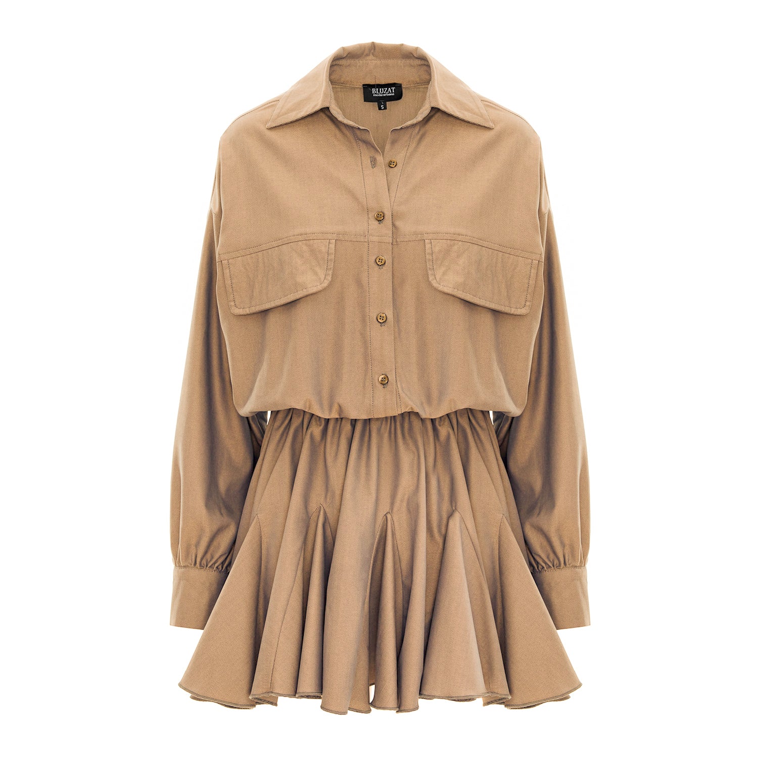Camel Oversized Shirt Dress with Gathered Waist & Ruffle Hem