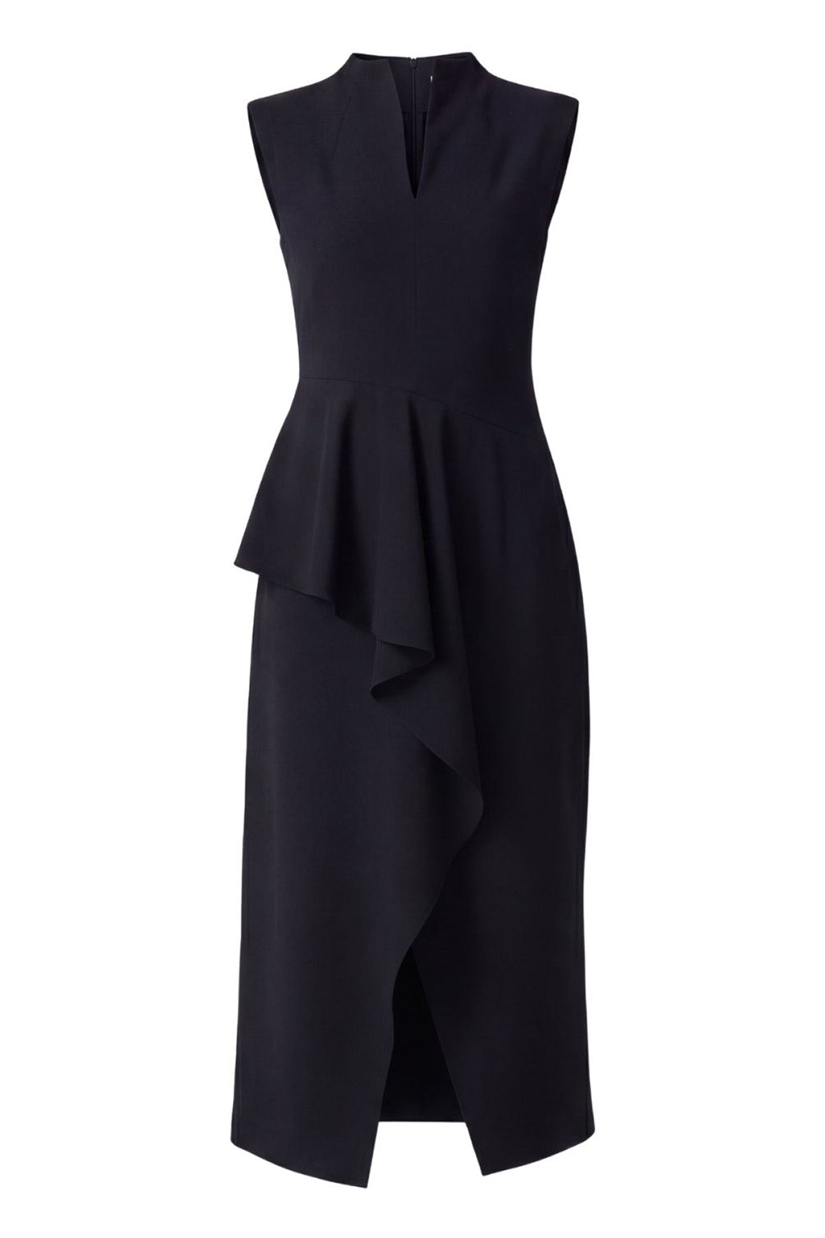 Rochie midi neagra cu design asimetric și volan decorativ