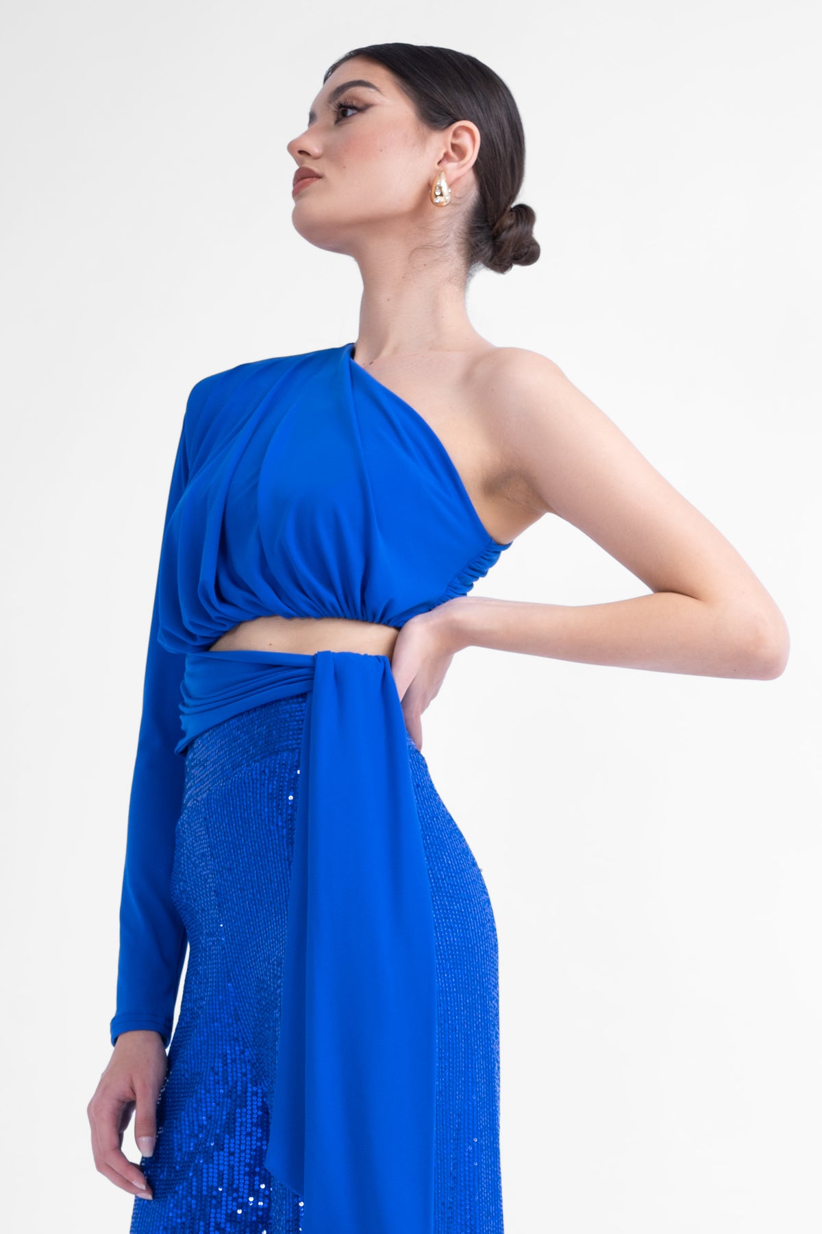 Electric blue asymmetrical top with scarf