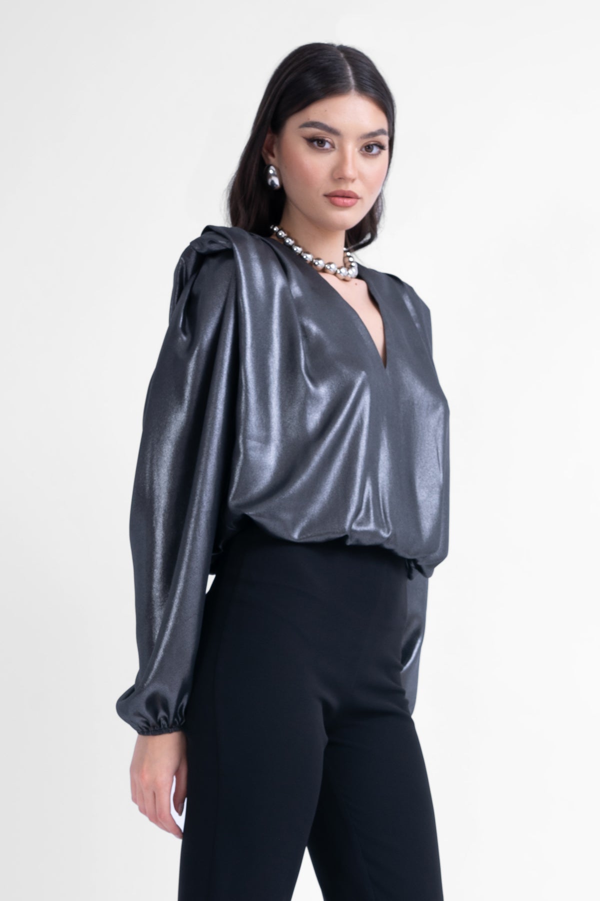 Metallic veil blouse with draping detailing and puffy sleeves