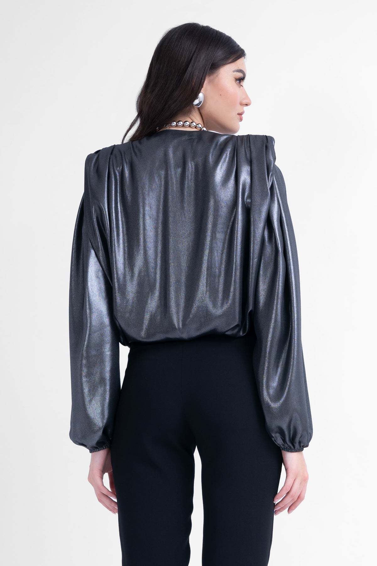 Metallic veil blouse with draping detailing and puffy sleeves