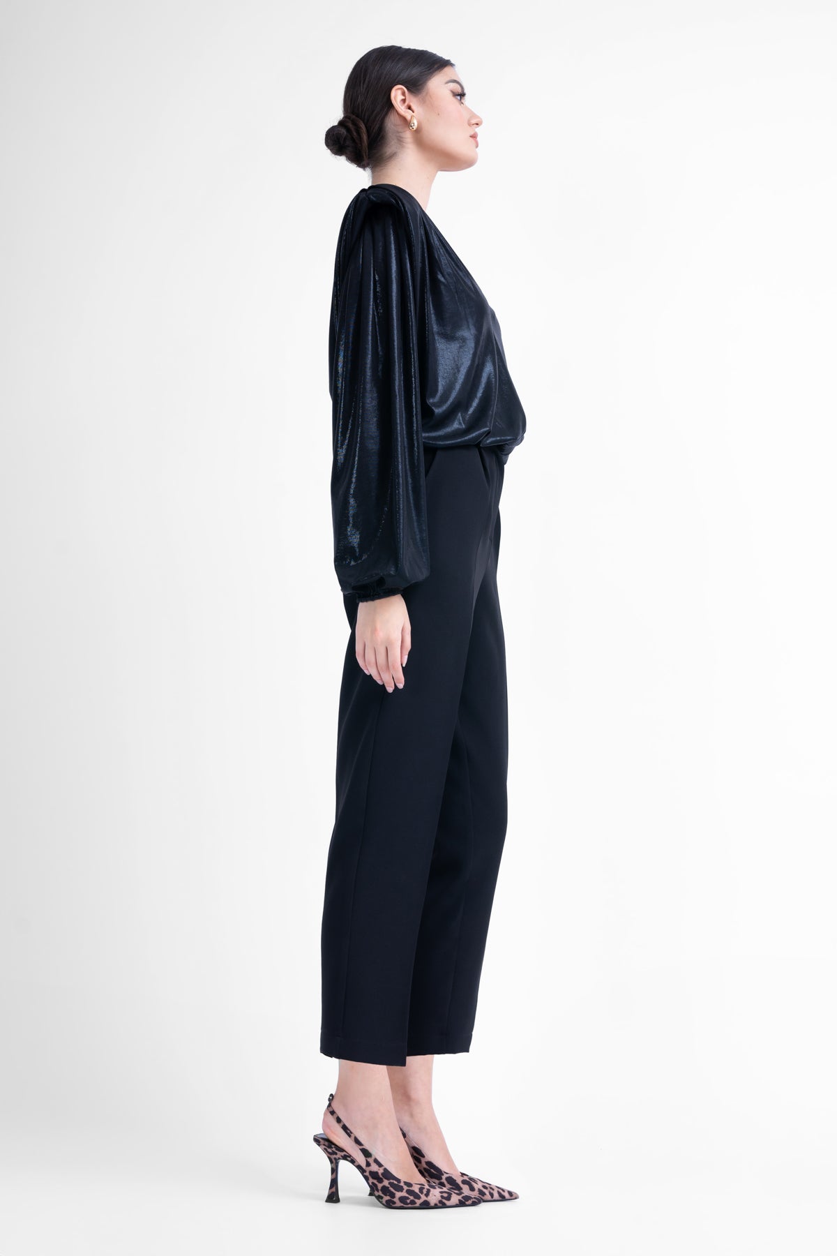 Blouse With Draping Detailing And Puffy Sleeves