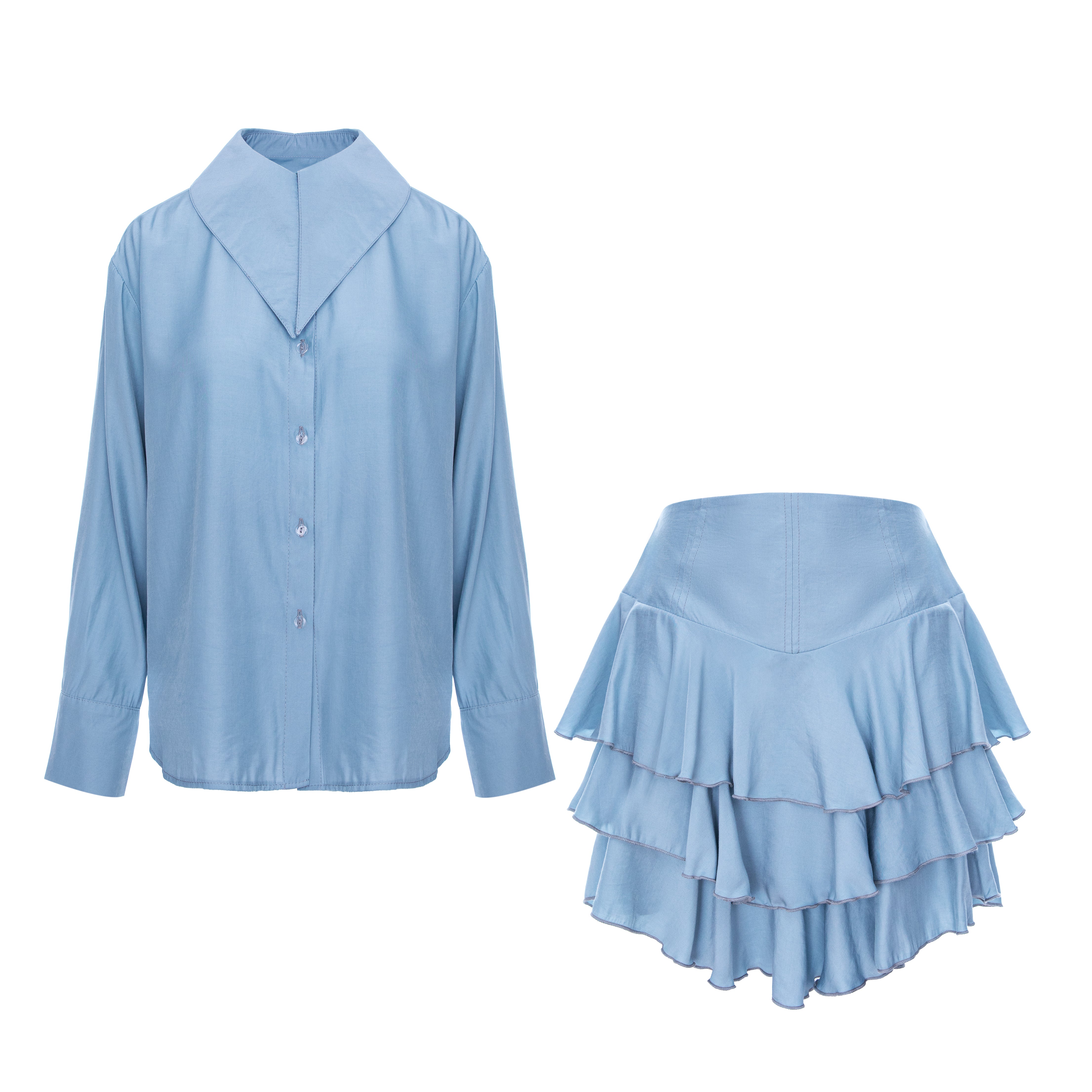 Set de două piese albastru pudră cu volane