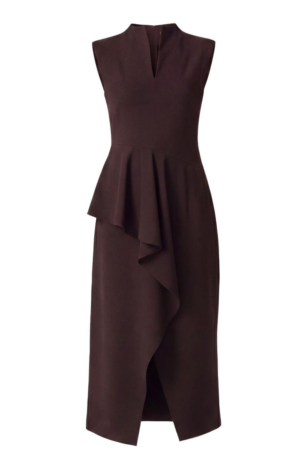 Rochie midi maro cu design asimetric și volan decorativ