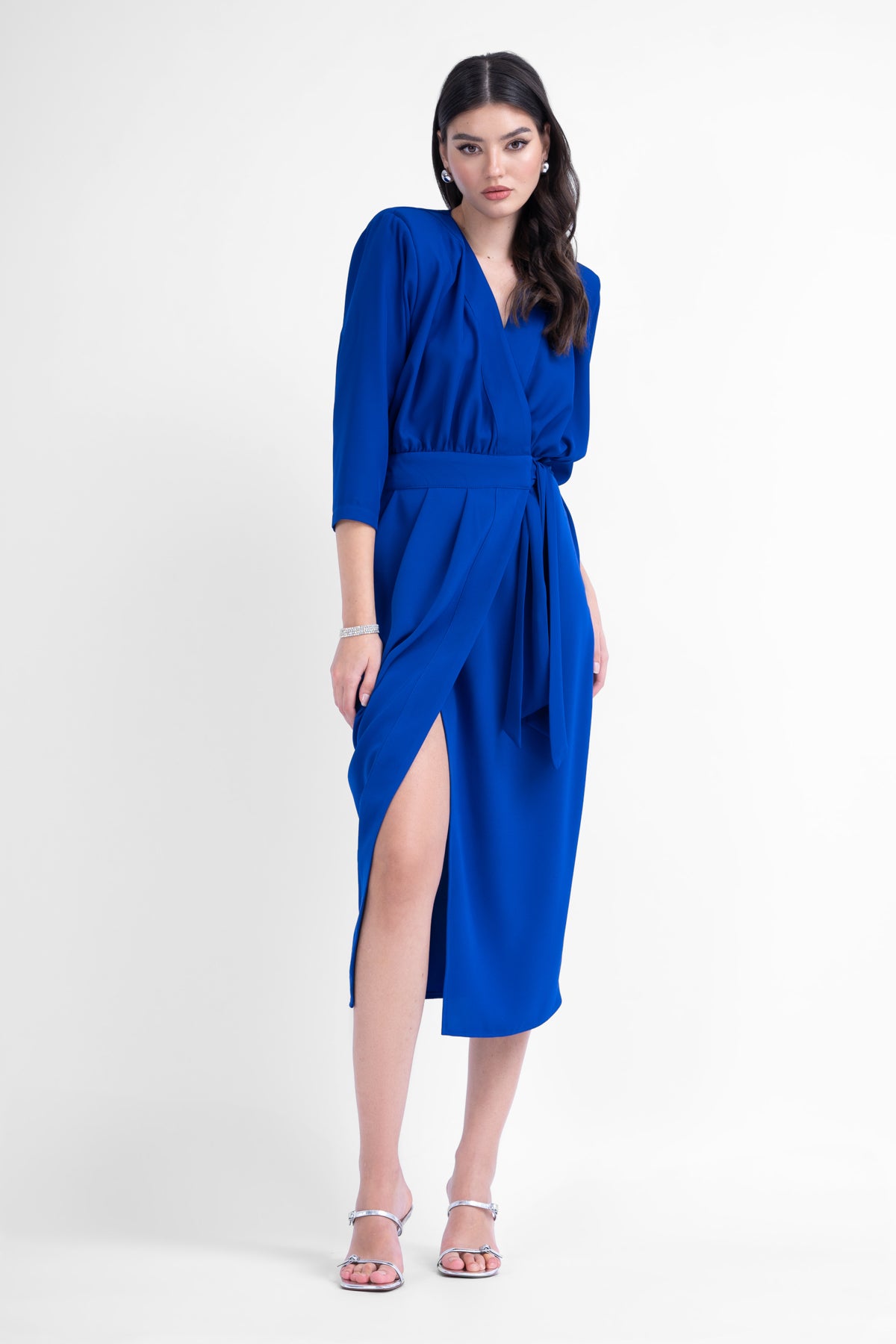 Electric blue midi dress with draping detailing and waist belt