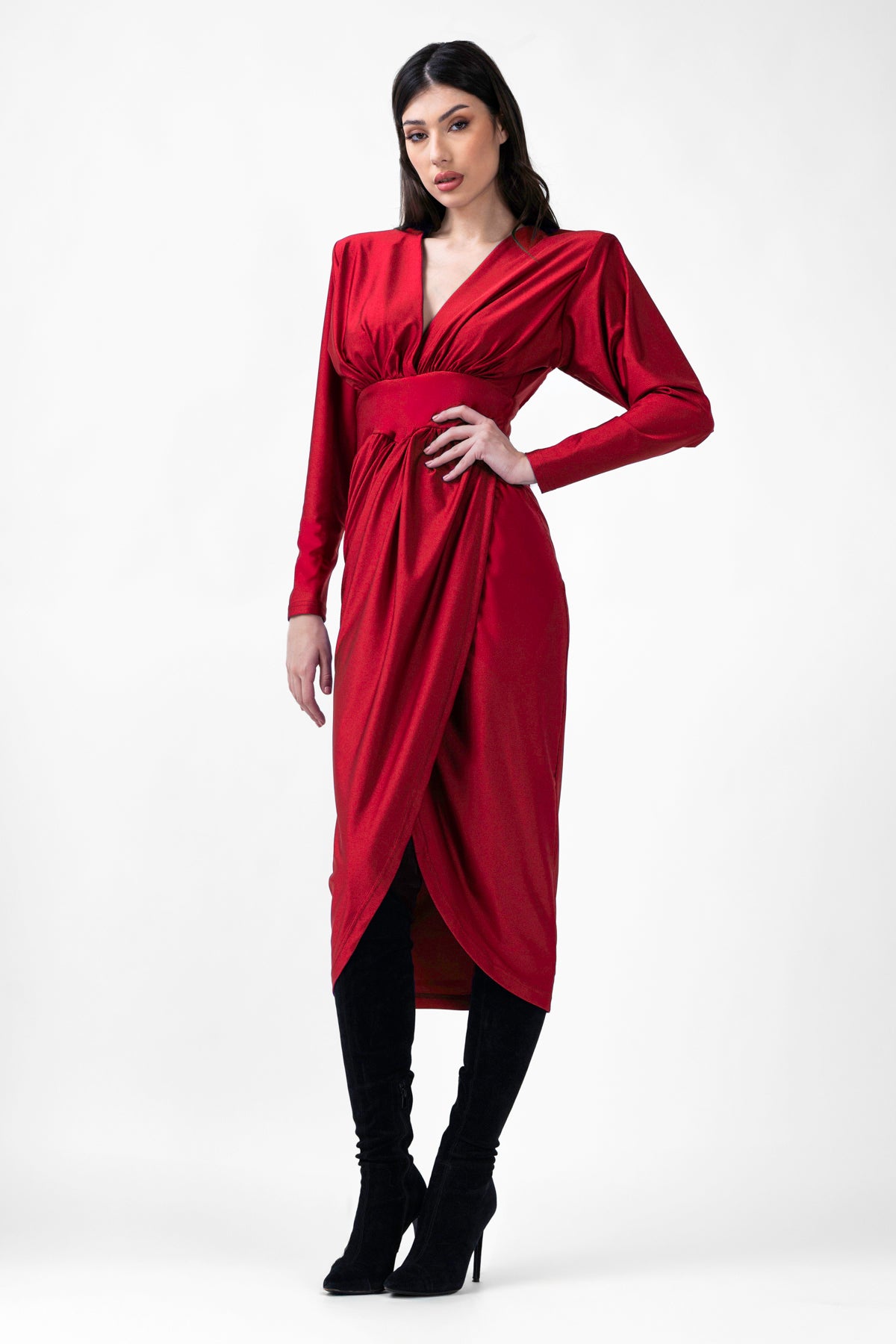 Red Midi Dress With Corset And V-Neck