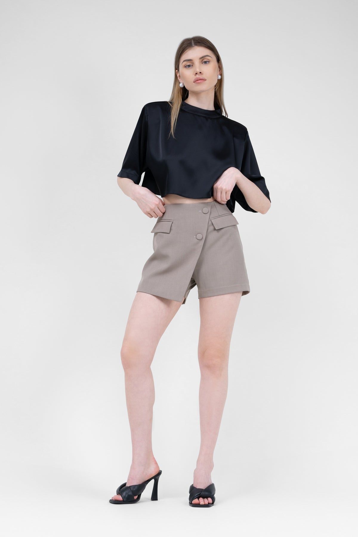 Beige Asymmetrical Skort With Pockets