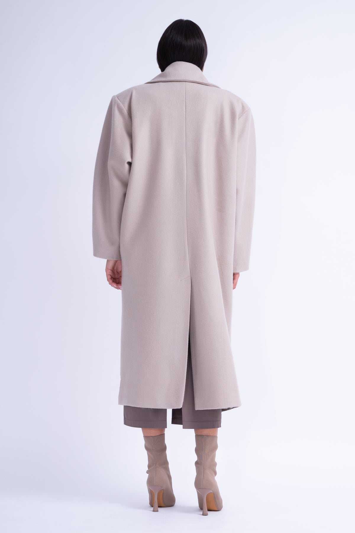 Beige Structured Wool Coat With Oversized Lapels