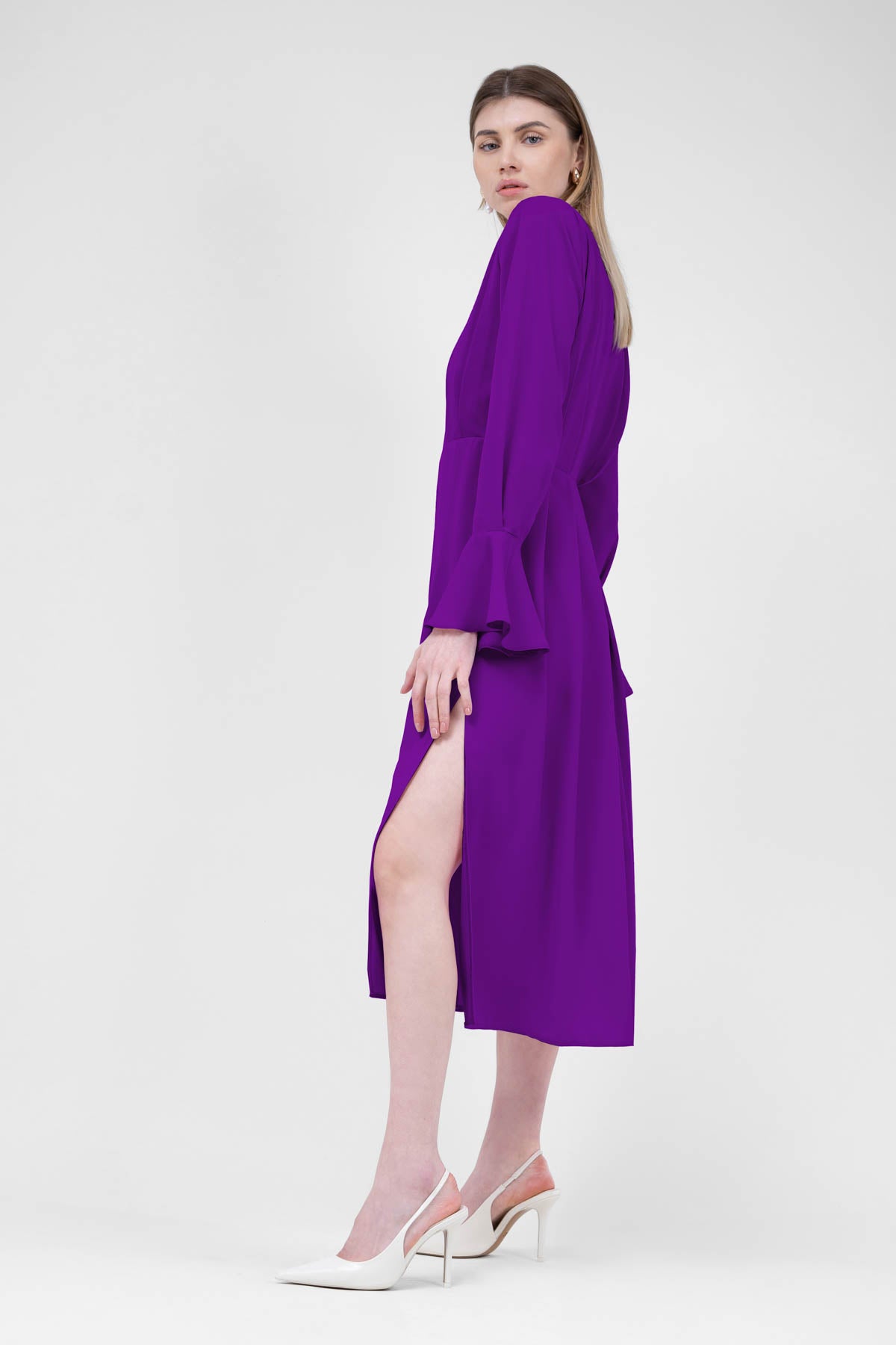 Purple Midi Dress With Pleats And Proeminent Shoulders