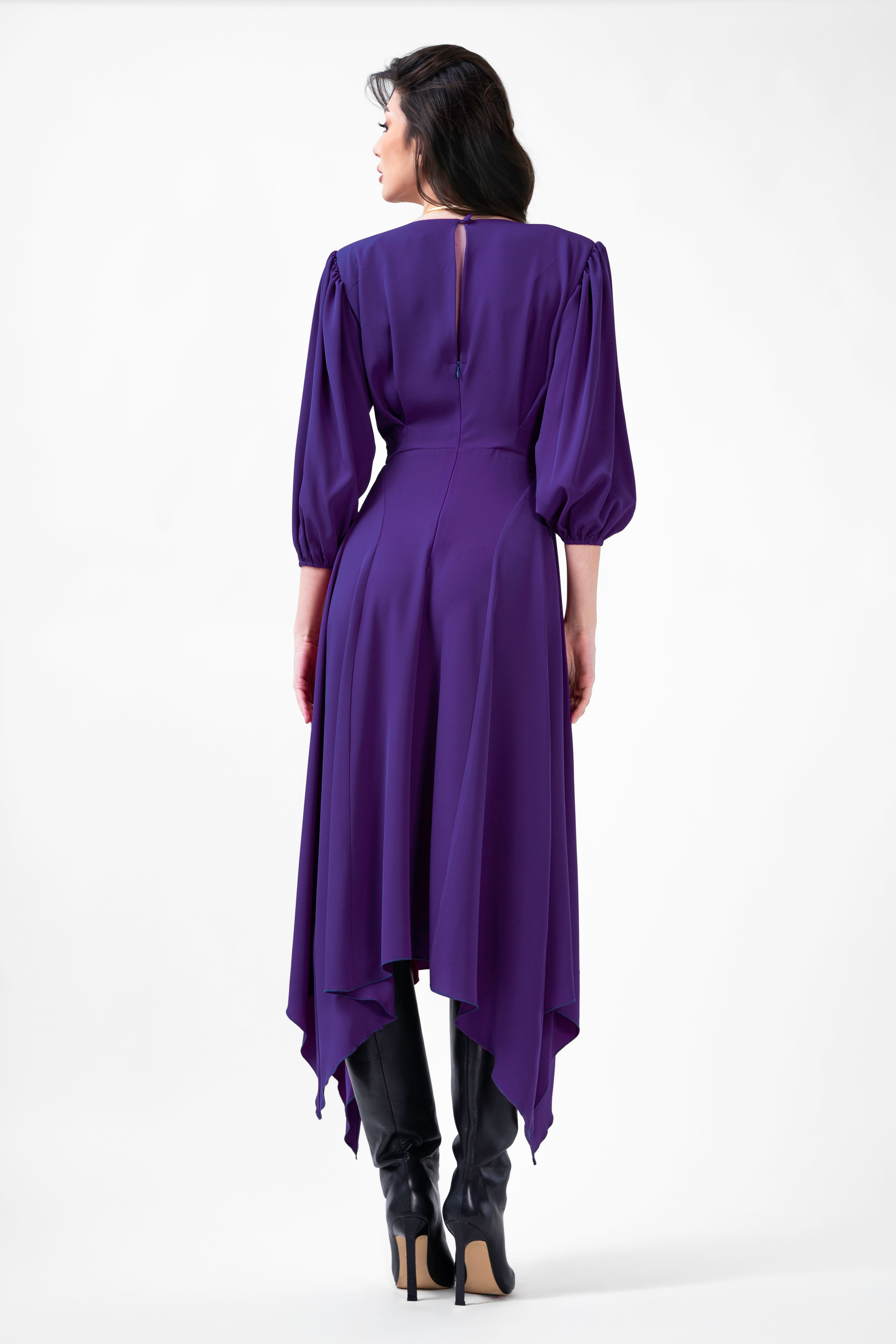Purple Midi Dress With Pleats And Midi Sleeves