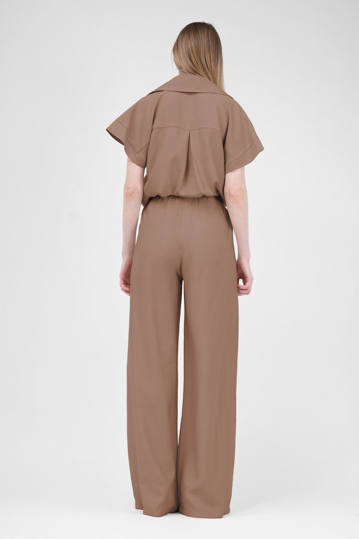 Camel Linen Set With Shirt With Pockets And Wide Leg Trousers