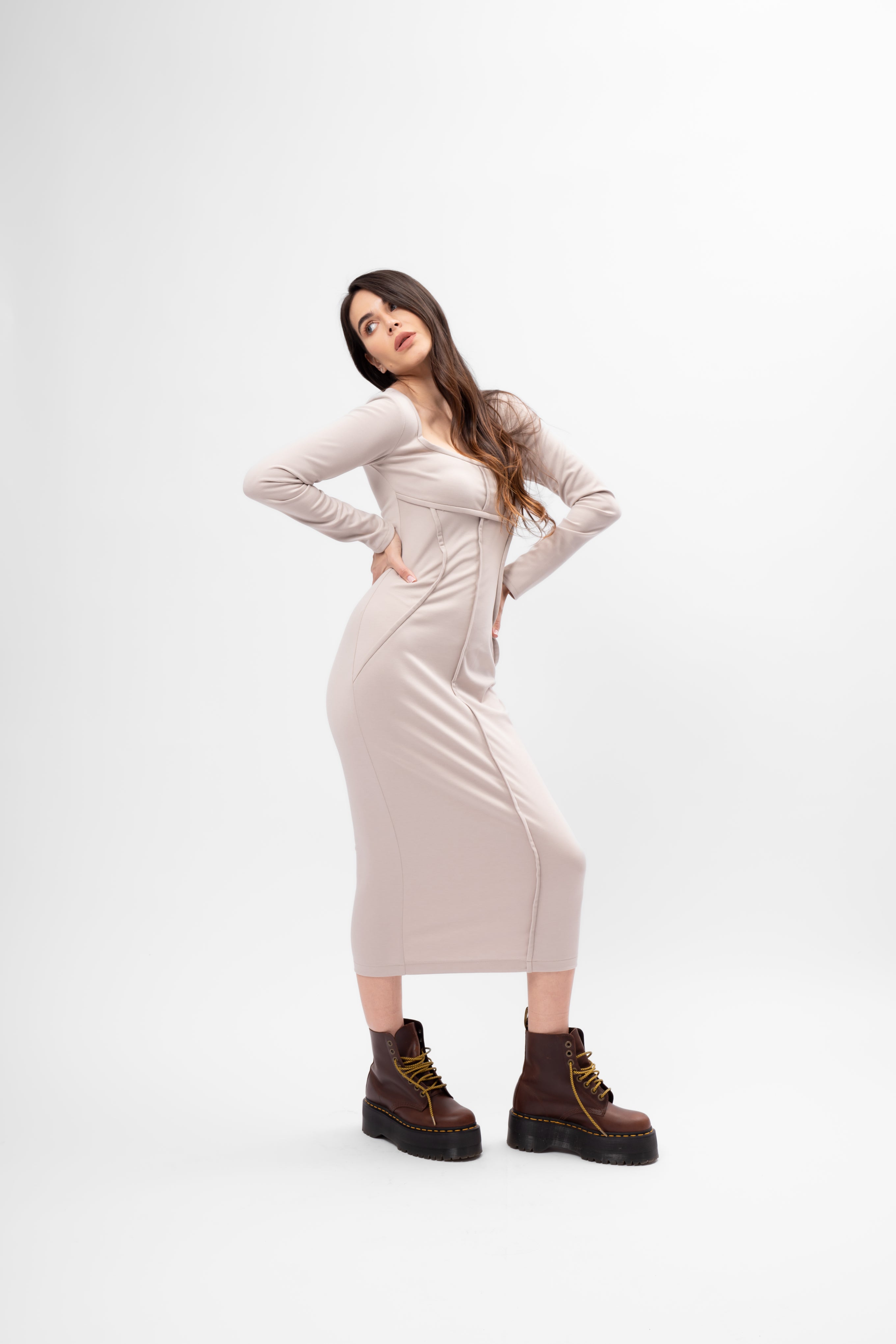 Beige Bodycon dress with square neckline