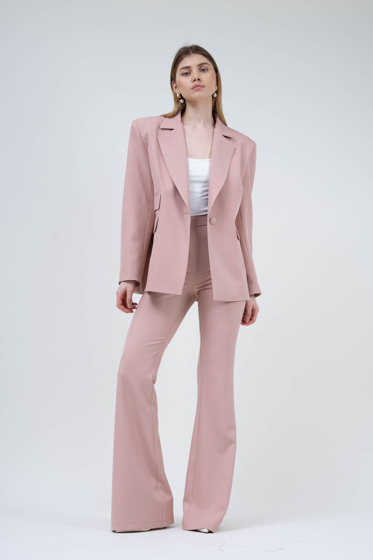 Pastel Pink Suit With Regular Blazer With Double Pocket And Flared Trousers