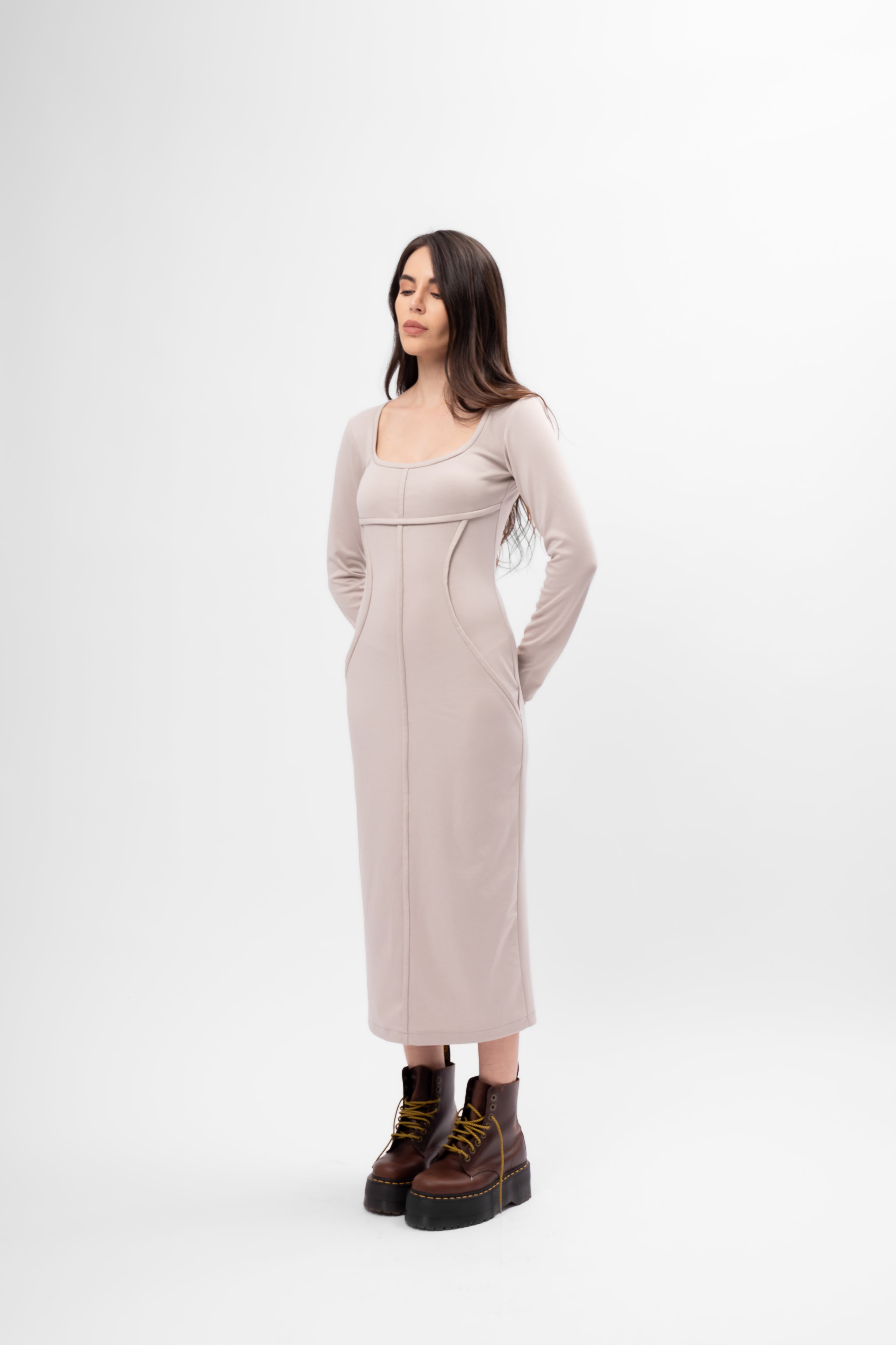 Beige Bodycon dress with square neckline