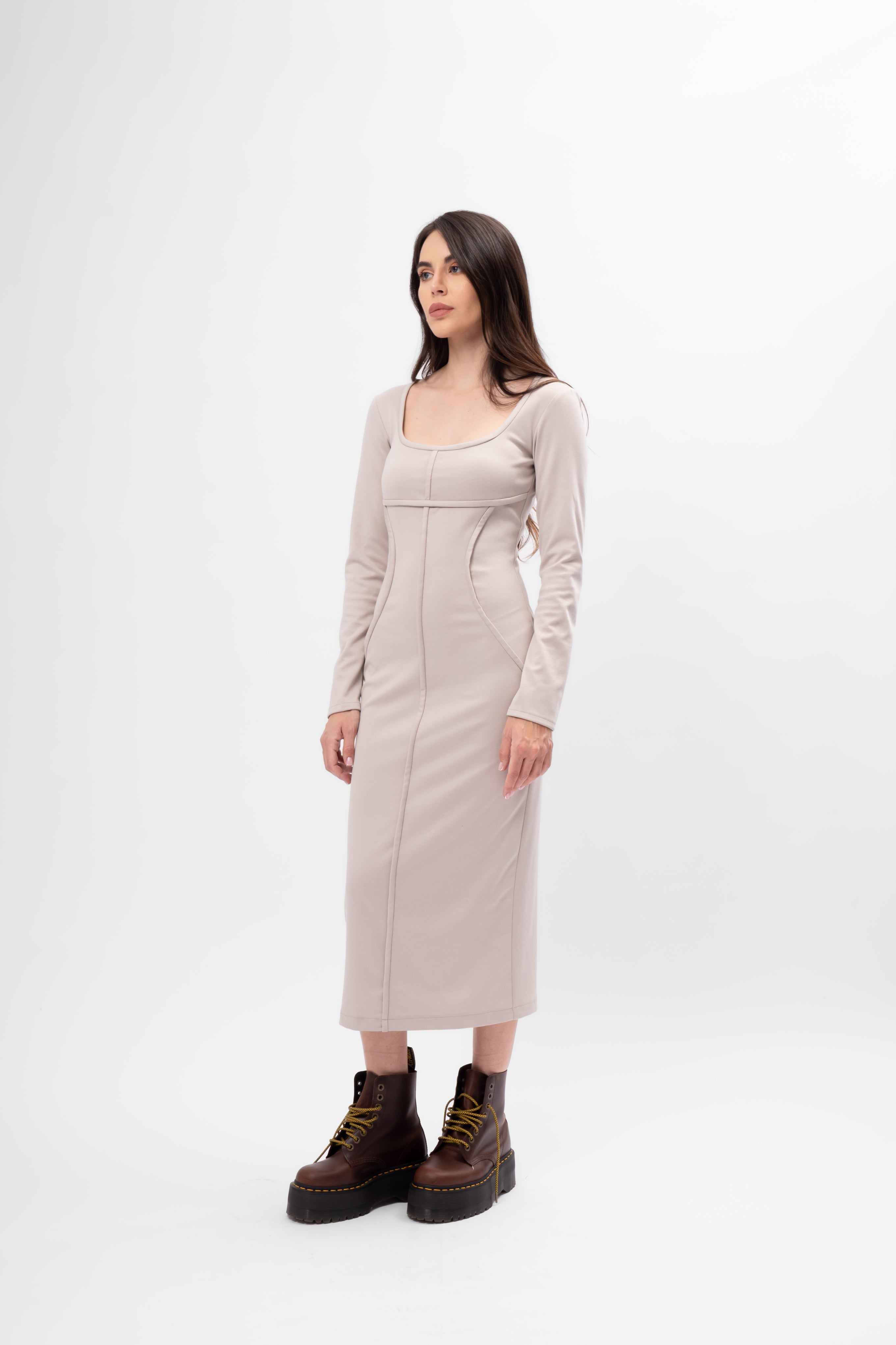Beige Bodycon dress with square neckline
