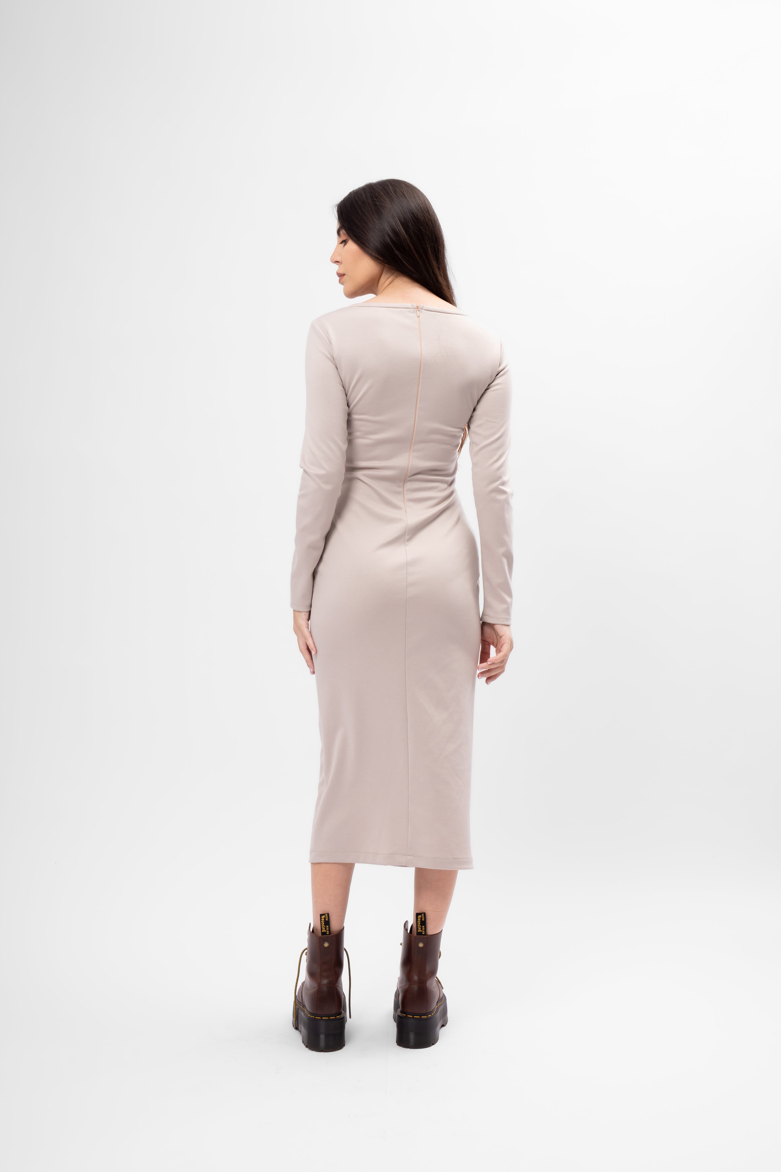 Beige Bodycon dress with square neckline