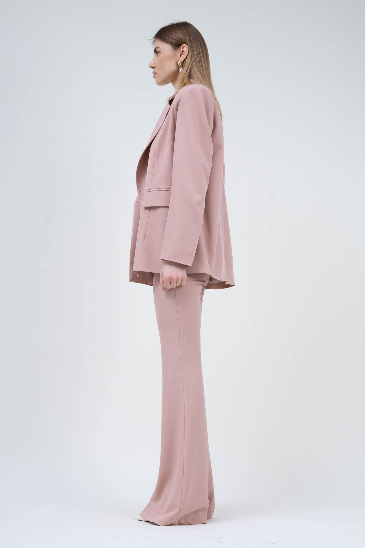 Pastel Pink Suit With Regular Blazer With Double Pocket And Flared Trousers
