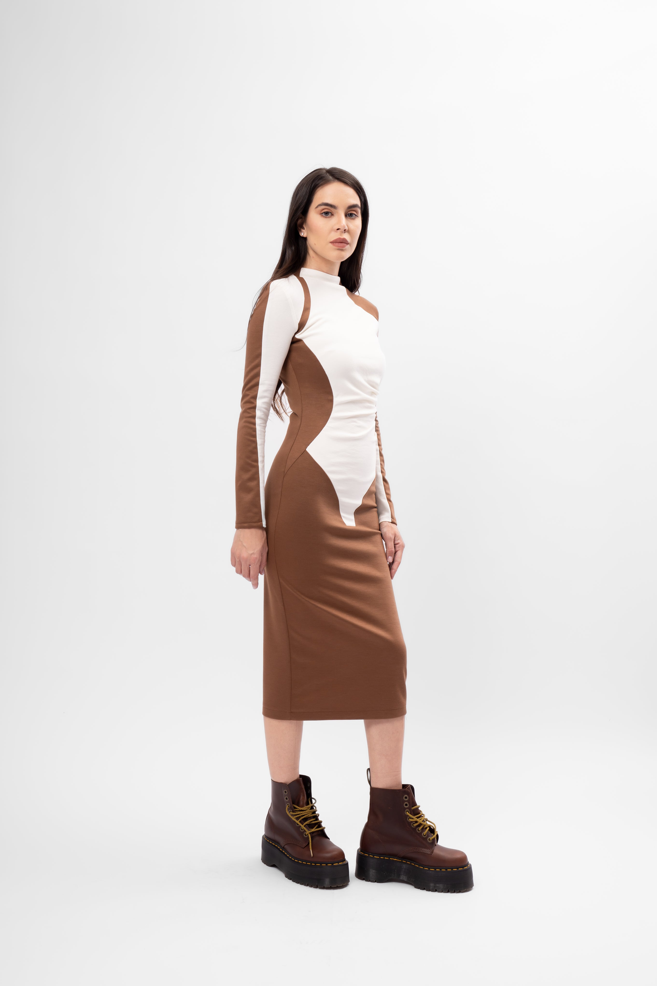 Bicolor Bodycon Midi Dress with High Neck