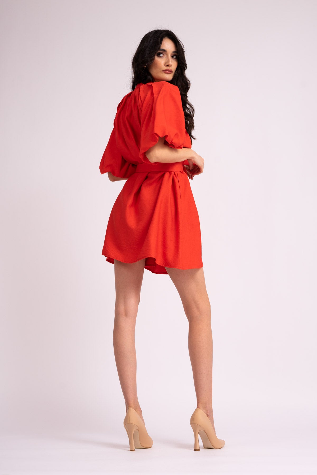 Red mini dress with raglan sleeve and pleats