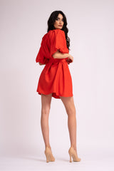 Red mini dress with raglan sleeve and pleats