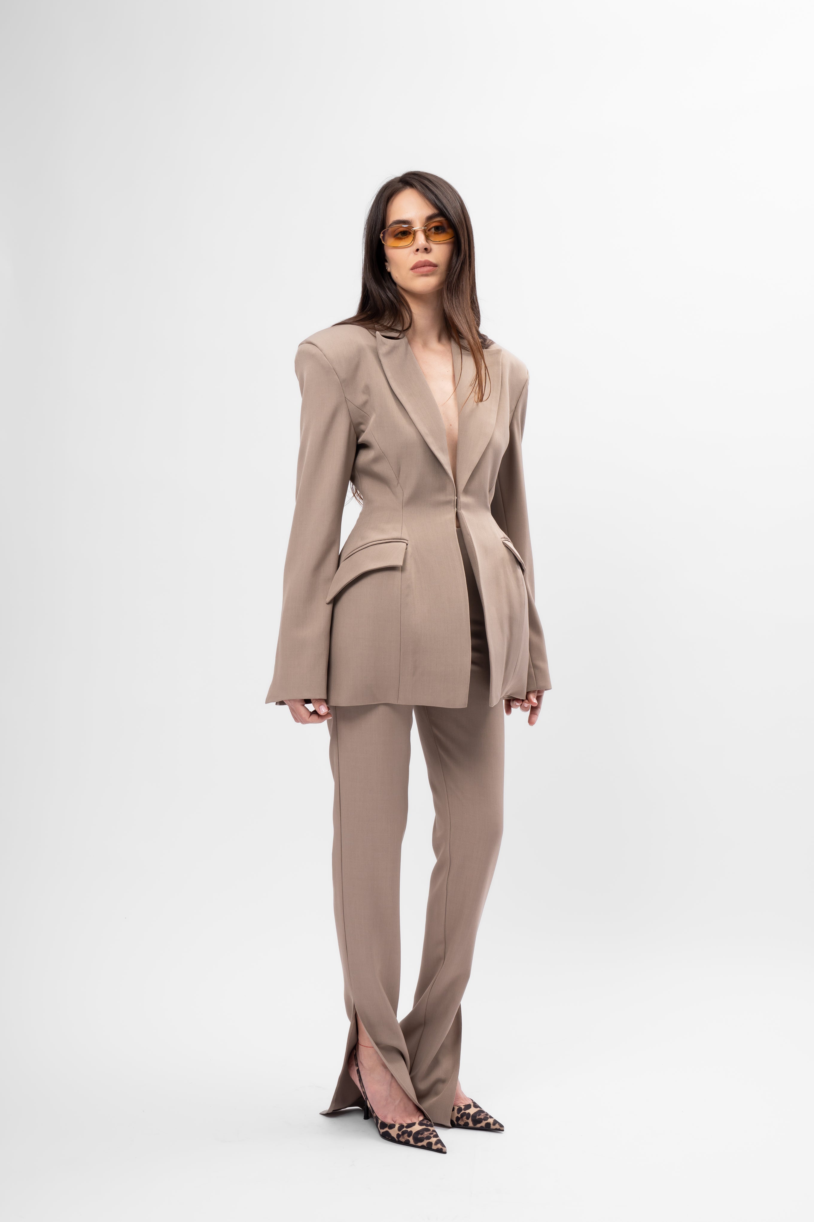 Beige Suit with Balloon Blazer and Split-Hem Trousers
