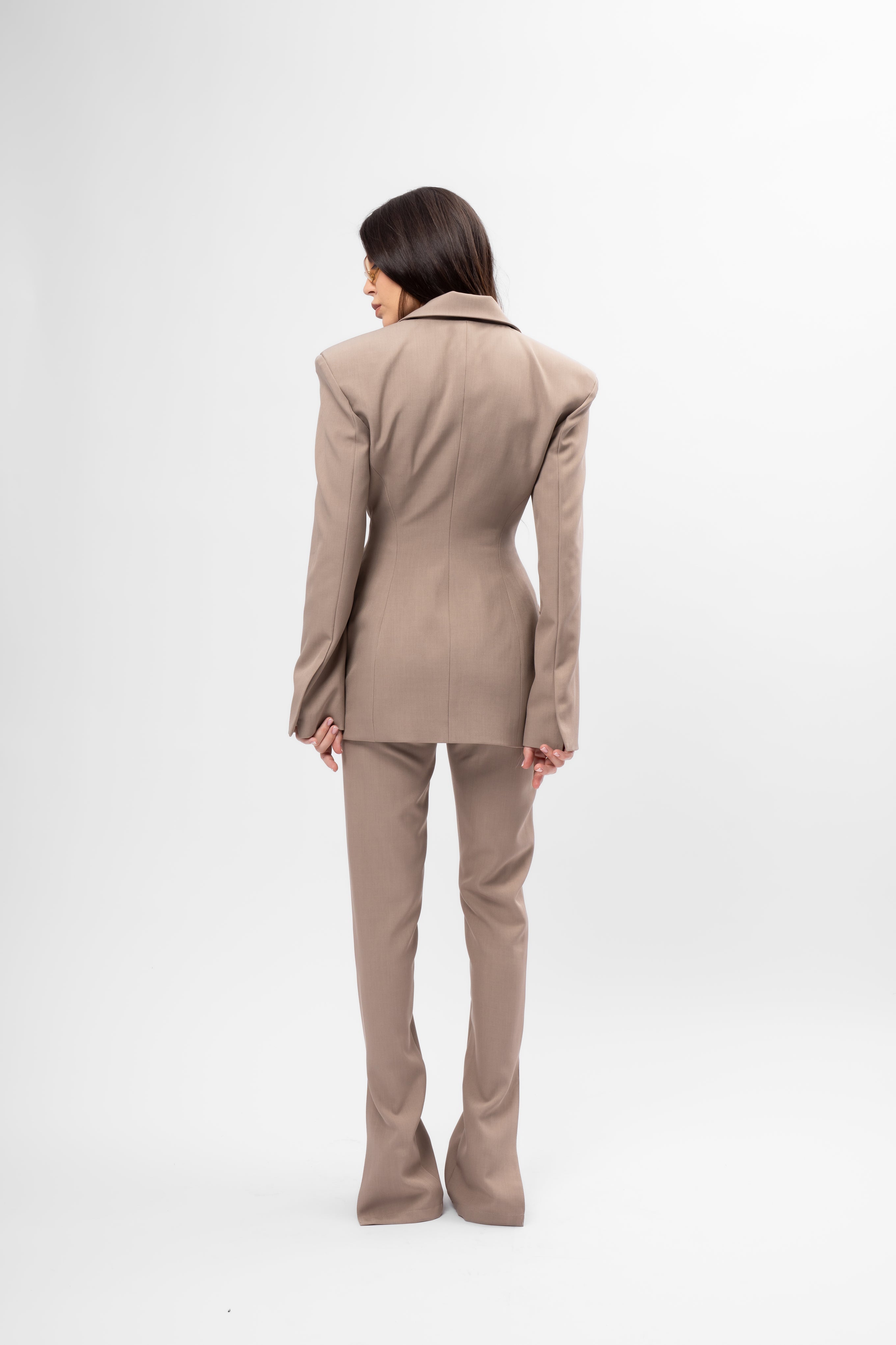 Beige Suit with Balloon Blazer and Split-Hem Trousers