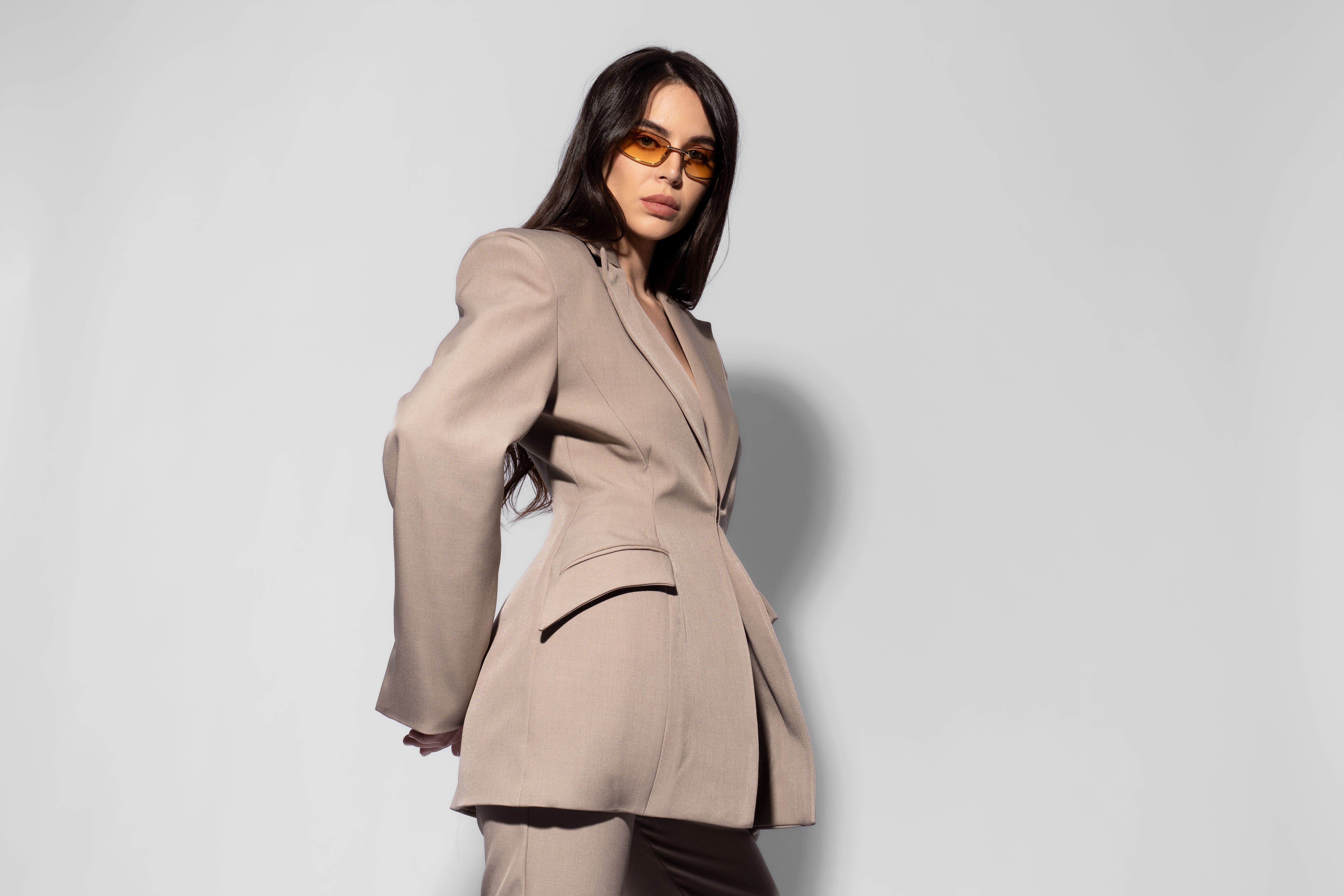 Beige Suit with Balloon Blazer and Split-Hem Trousers